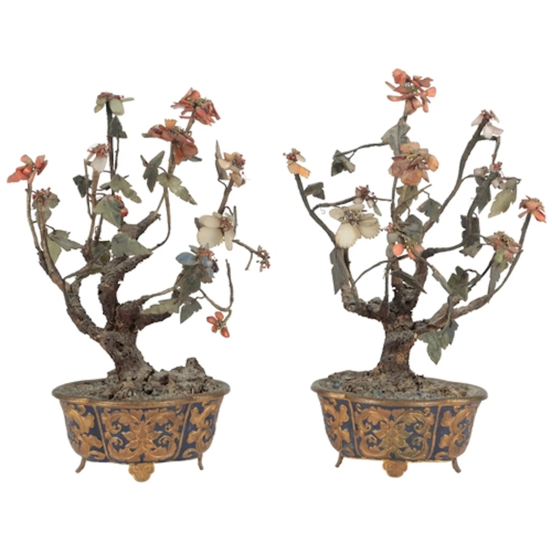 A pair of Chinese models of trees, in gilt copper repoussé w...