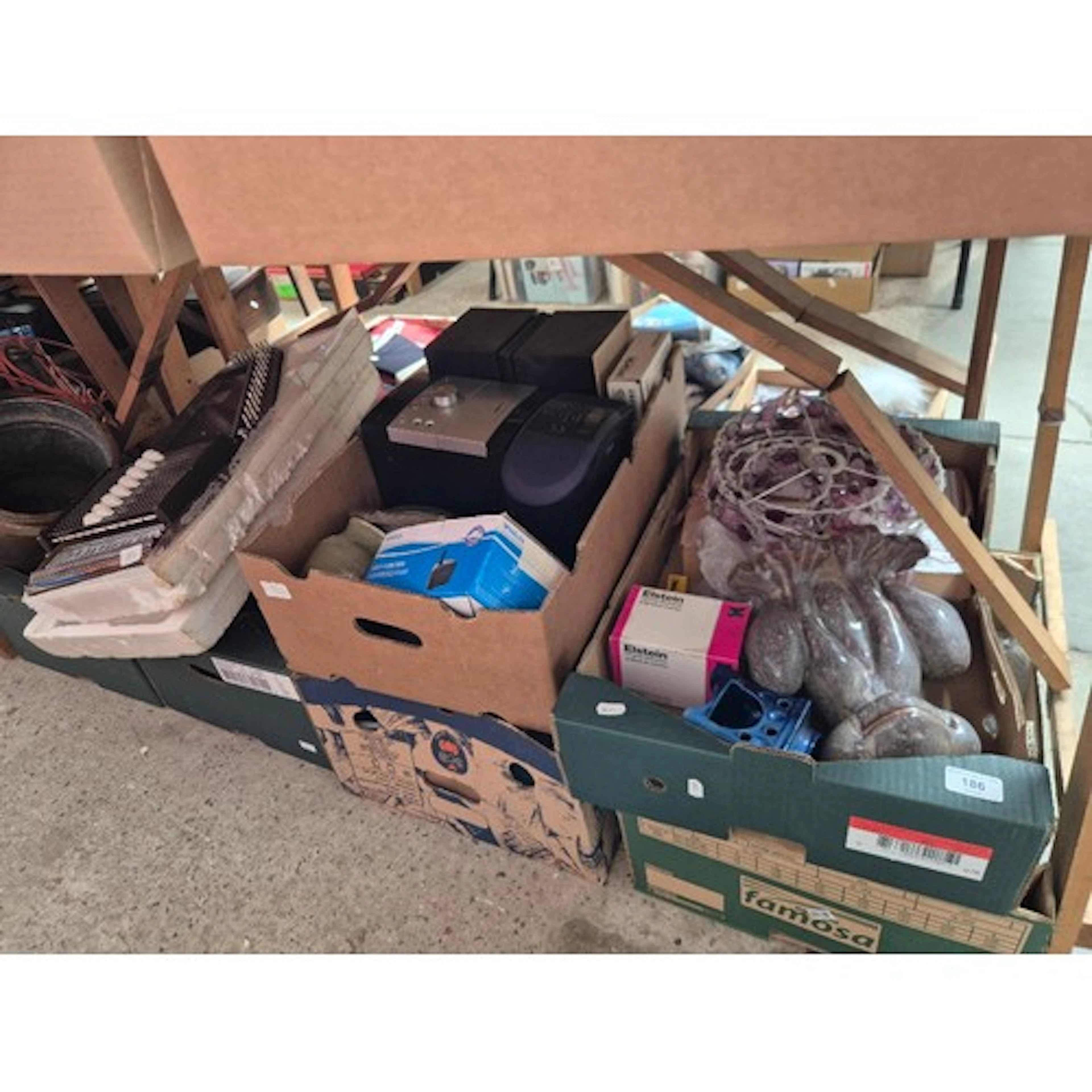7 boxes to include lantern, garden ornaments, mini hi fi sys...