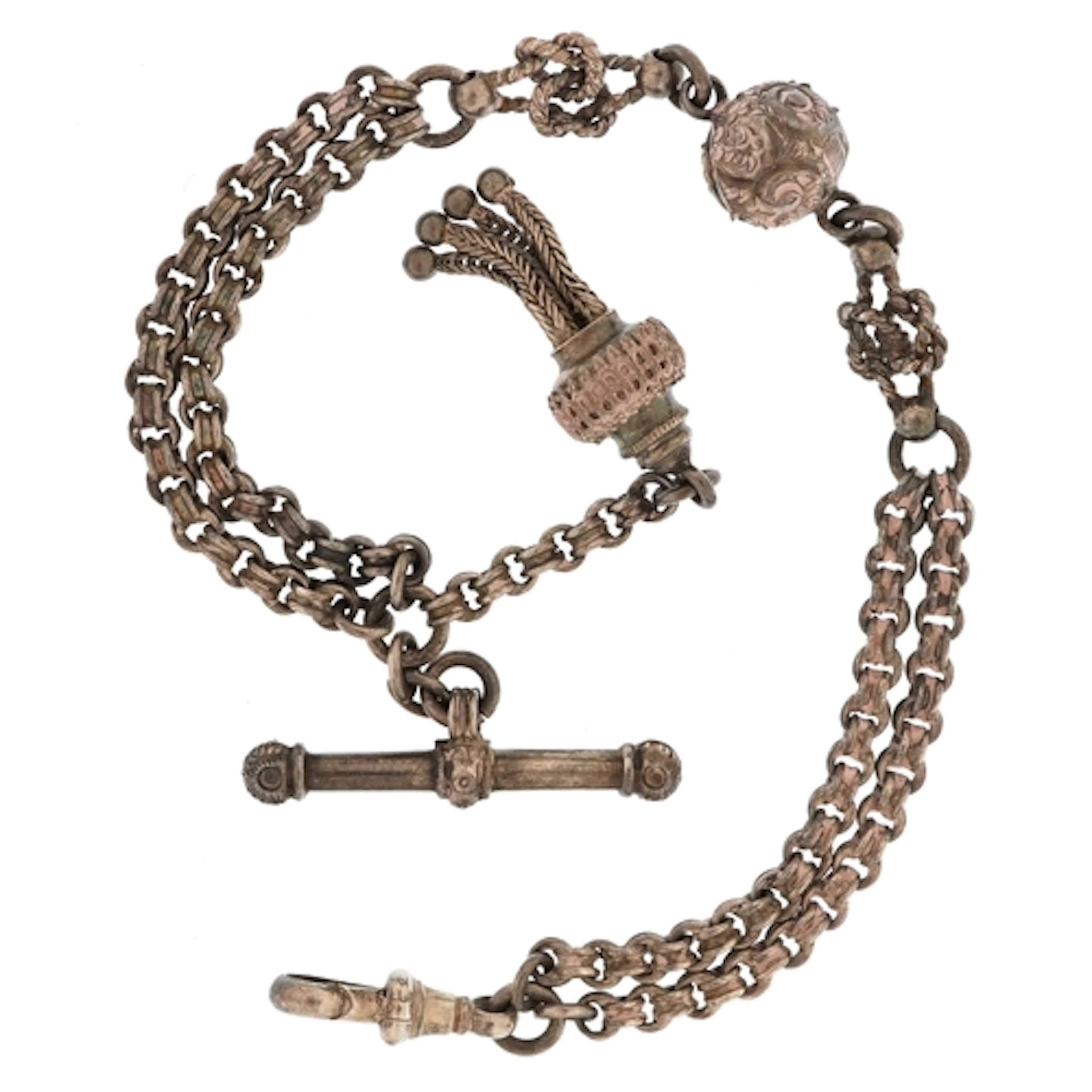 Antique white metal Albertina watch chain with T bar, dog cl...