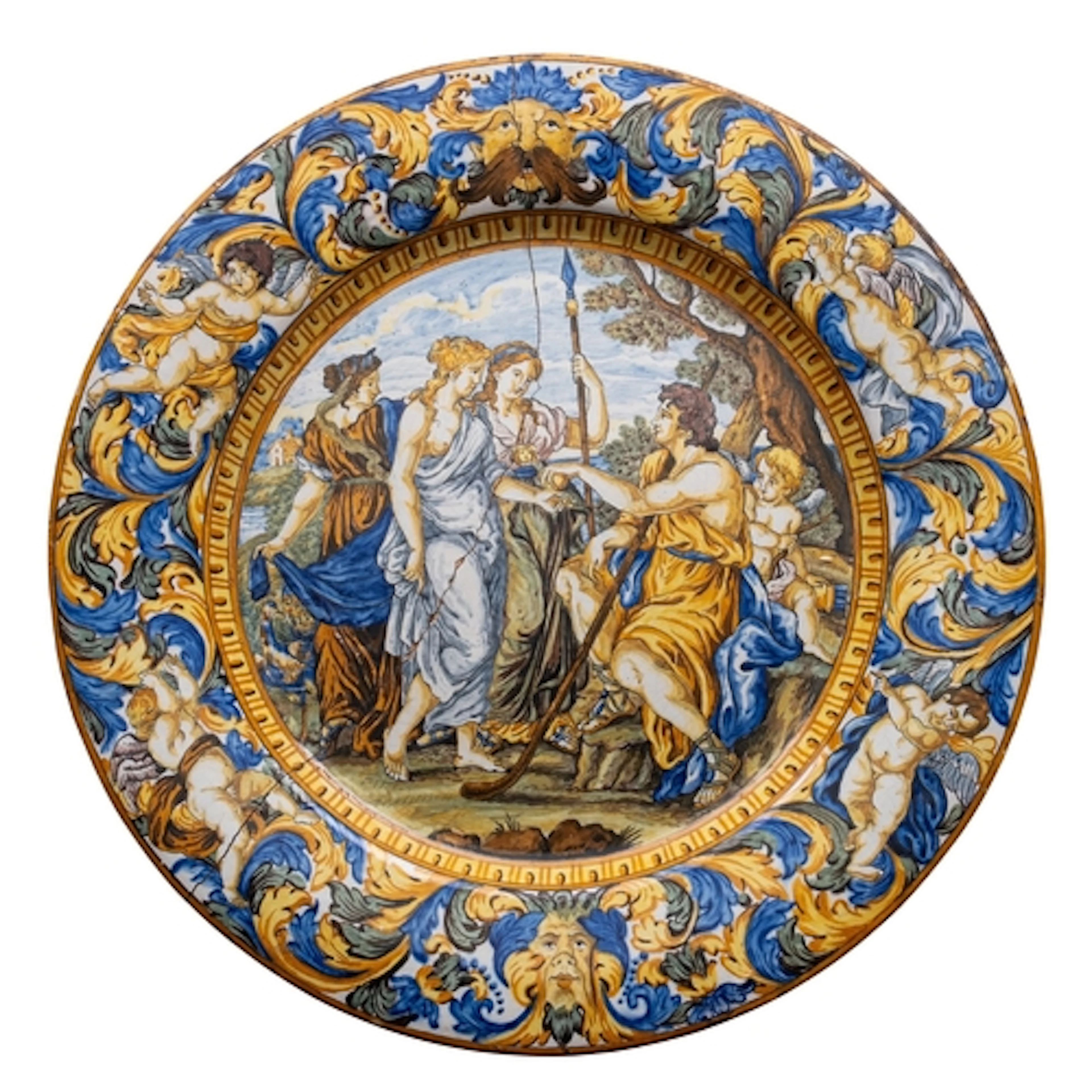 A Castelli maiolica charger profusely decorated with figures...
