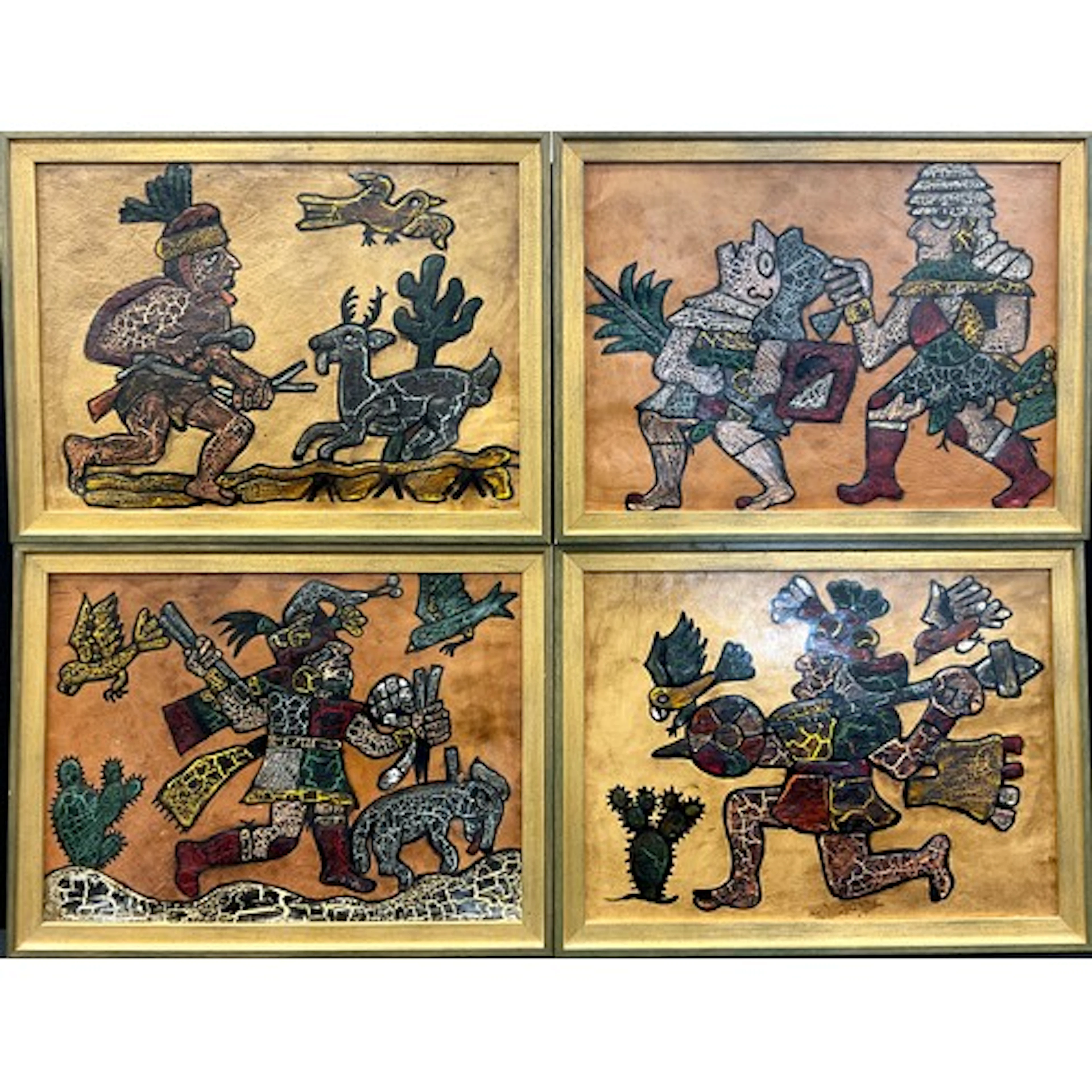 A set of four Pre Columbian/Inca style tooled leather and pa...