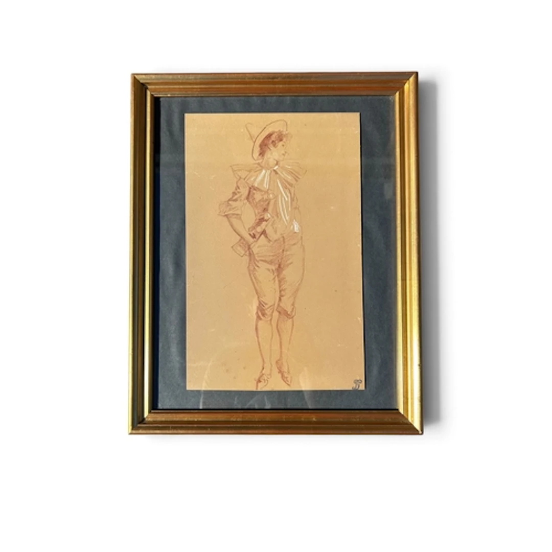 RED AND WHITE CRAYON DRAWING: A BOY DRESSED AS A PIERROT Cra...