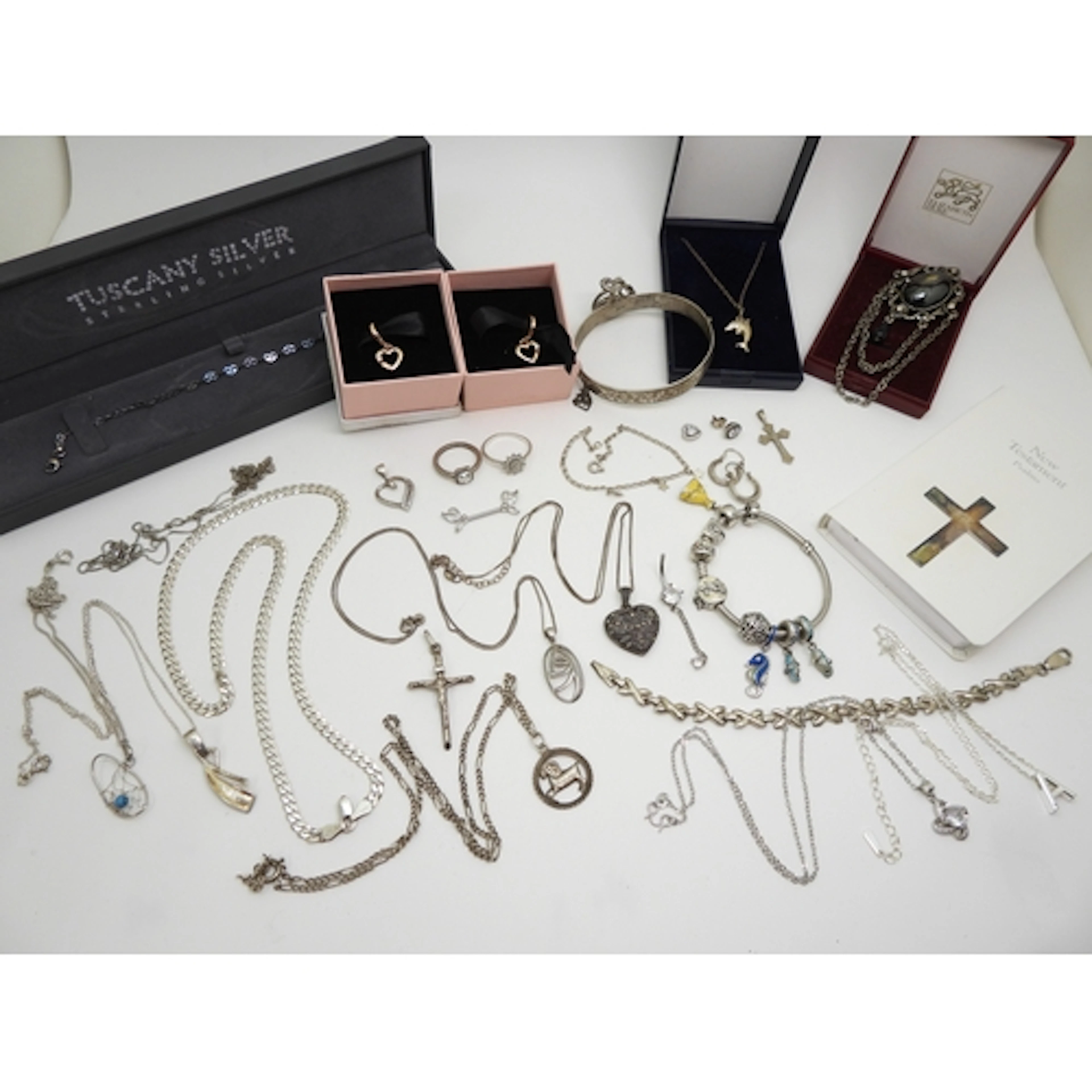 A collection of Pandora silver items to include a charm brac...