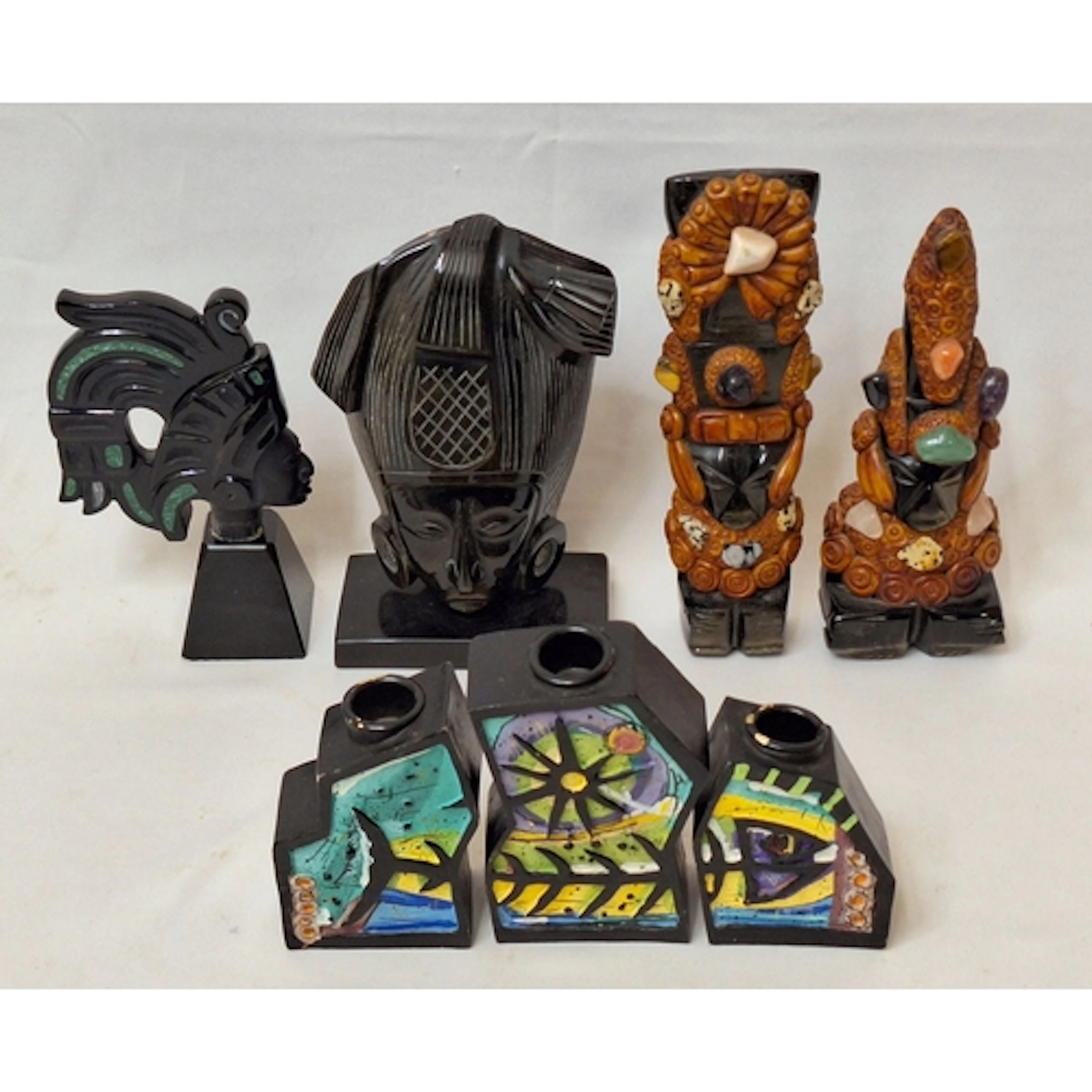 Mexican/Mayan/Aztec Figurines, 2 in black onyx, 2 highly dec...