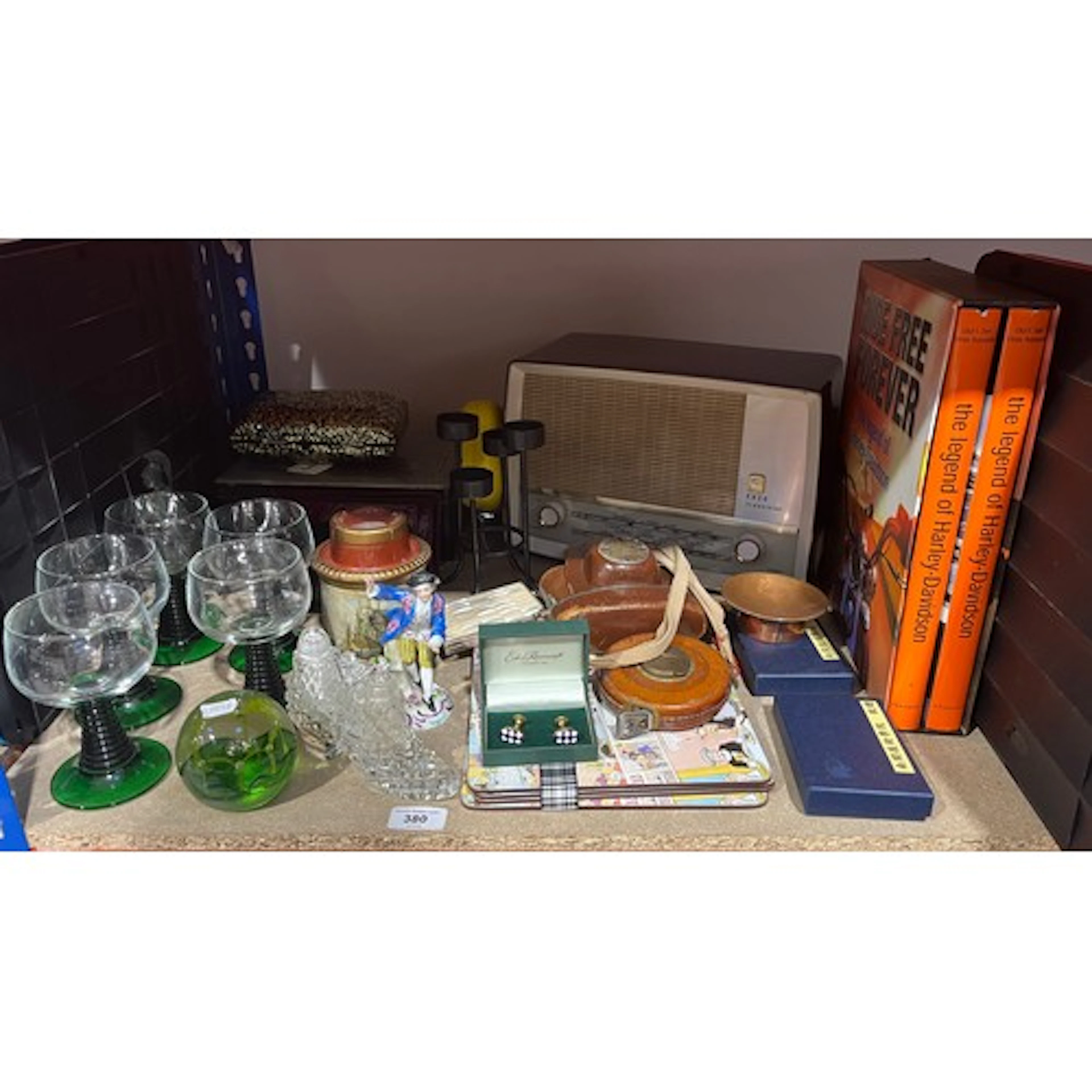 Ekco radio, cufflinks, glass paperweight, purses, etc.