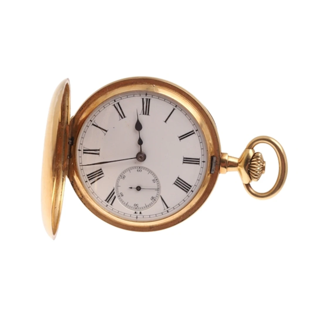 AN 18CT GOLD HALF HUNTING CASED POCKET WATCH. the white enam...