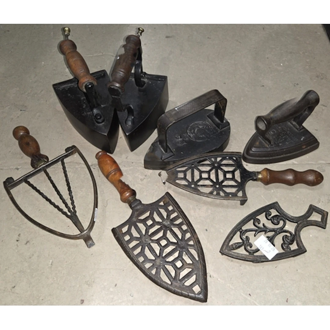 Two Victorian box irons two other irons and various iron res...
