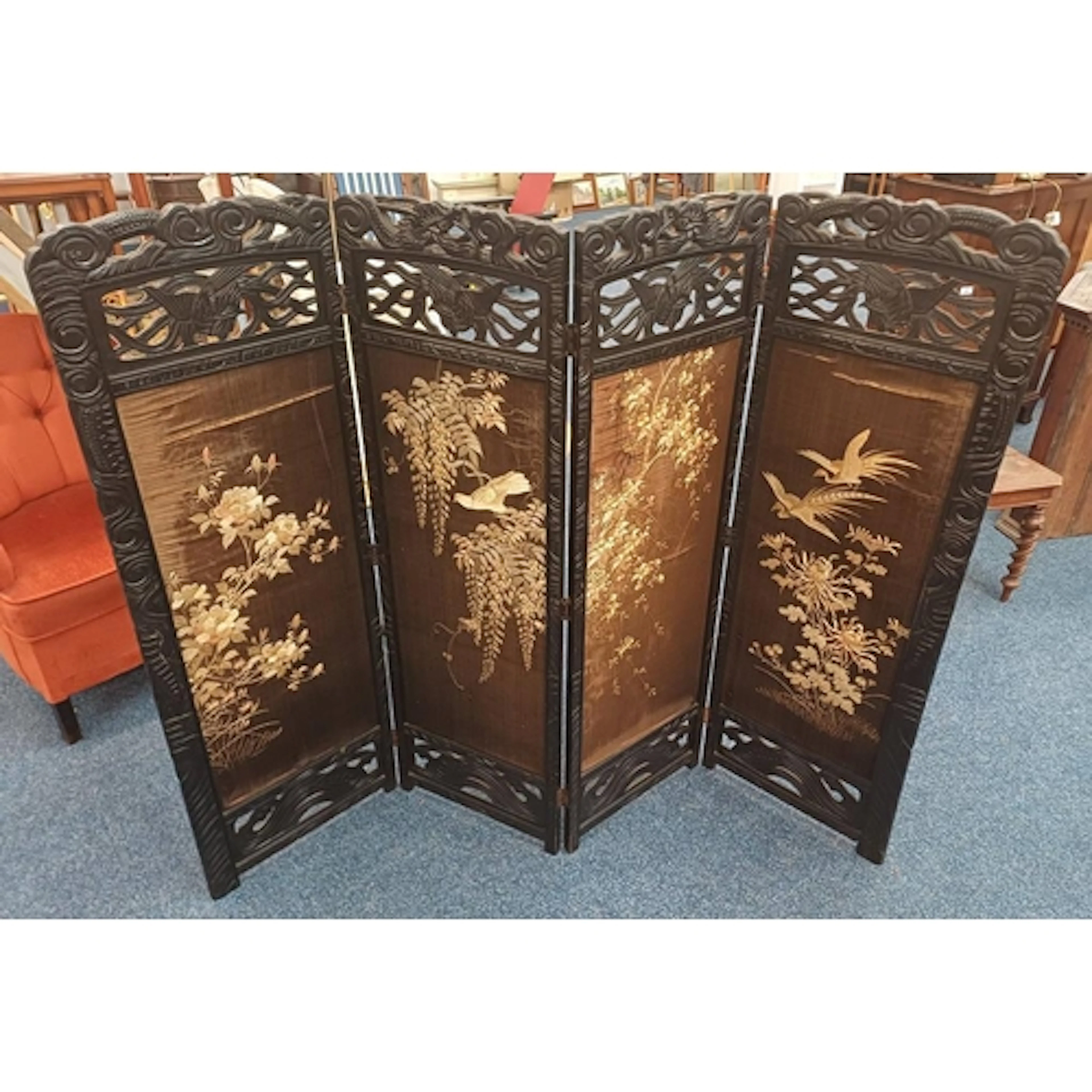 EBONISED EASTERN SCREEN WITH DECORATIVE FRETWORK & ORIENTAL ...
