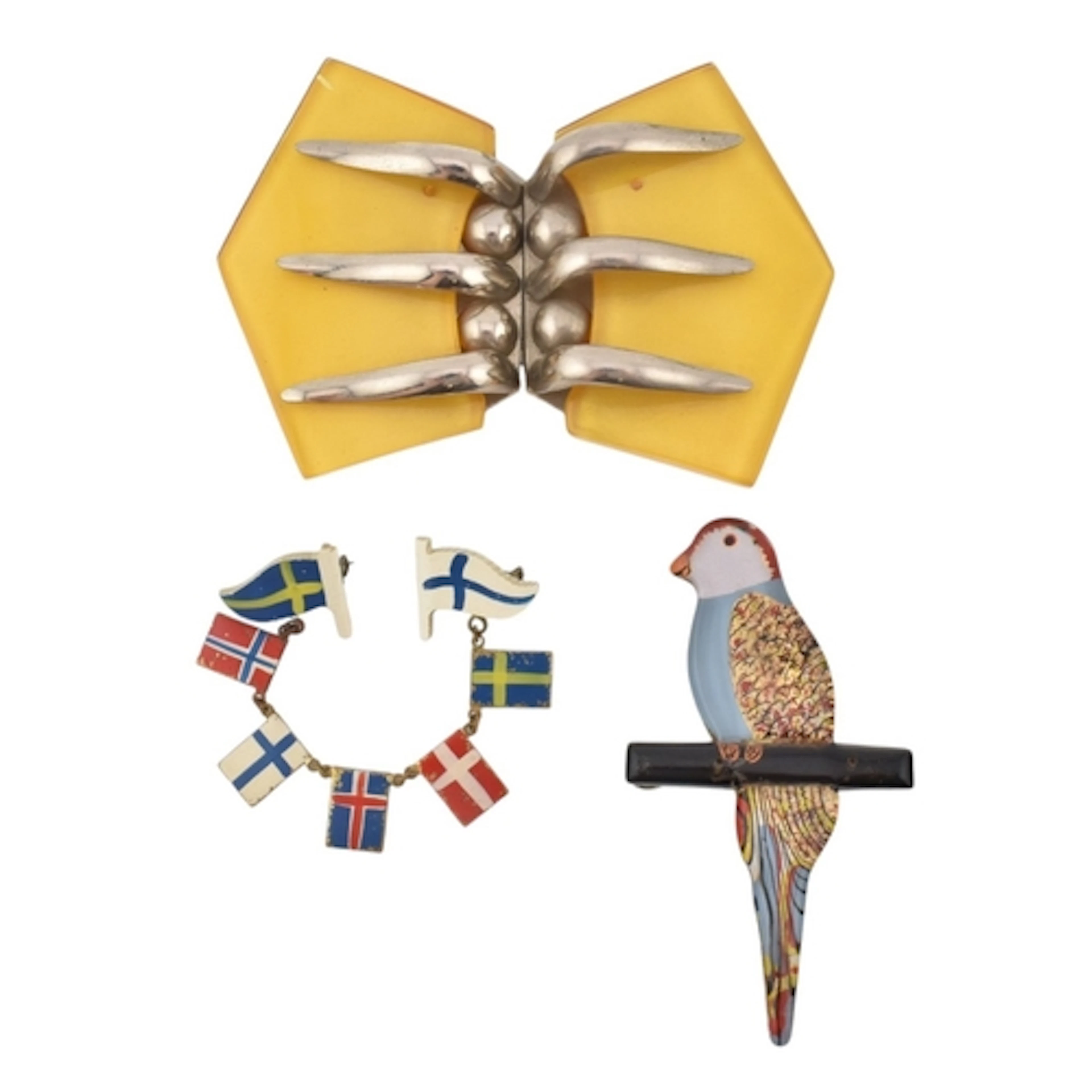 Three pieces to include: a yellow belt buckle with white met...