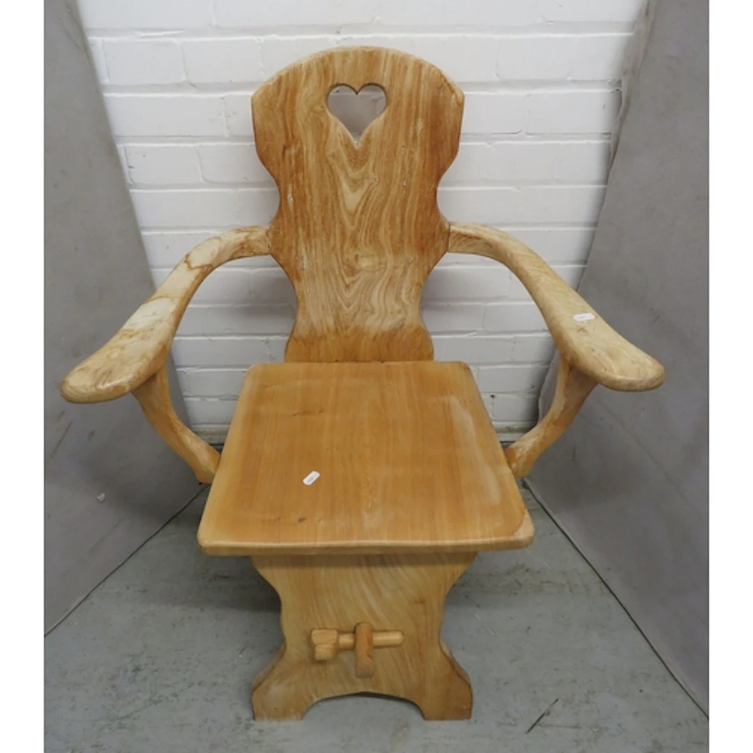 Blonde Wood Tyrolean Armchair, heart shaped cut out back res...