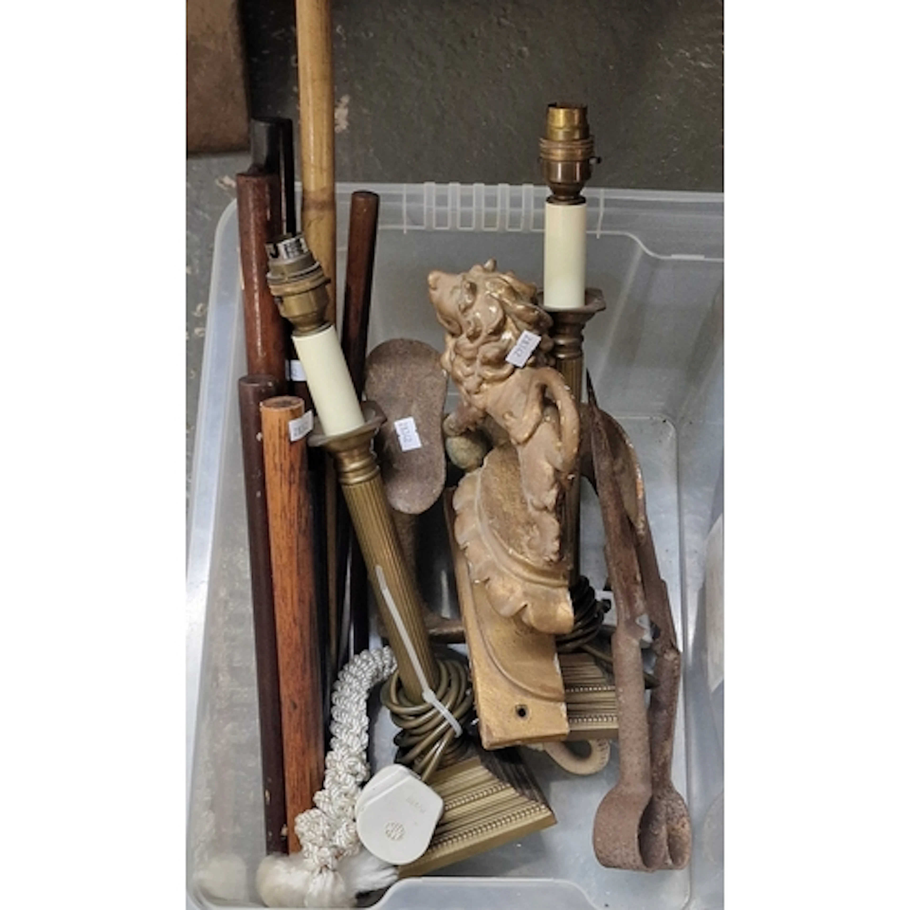 Box of assorted oddments, to include table lamps, gilt gesso...