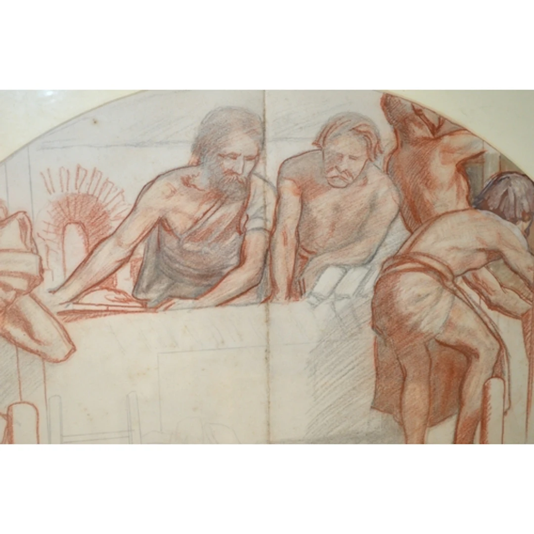 In the manner of Frank Brangwyn, a sanguin drawing, figures ...