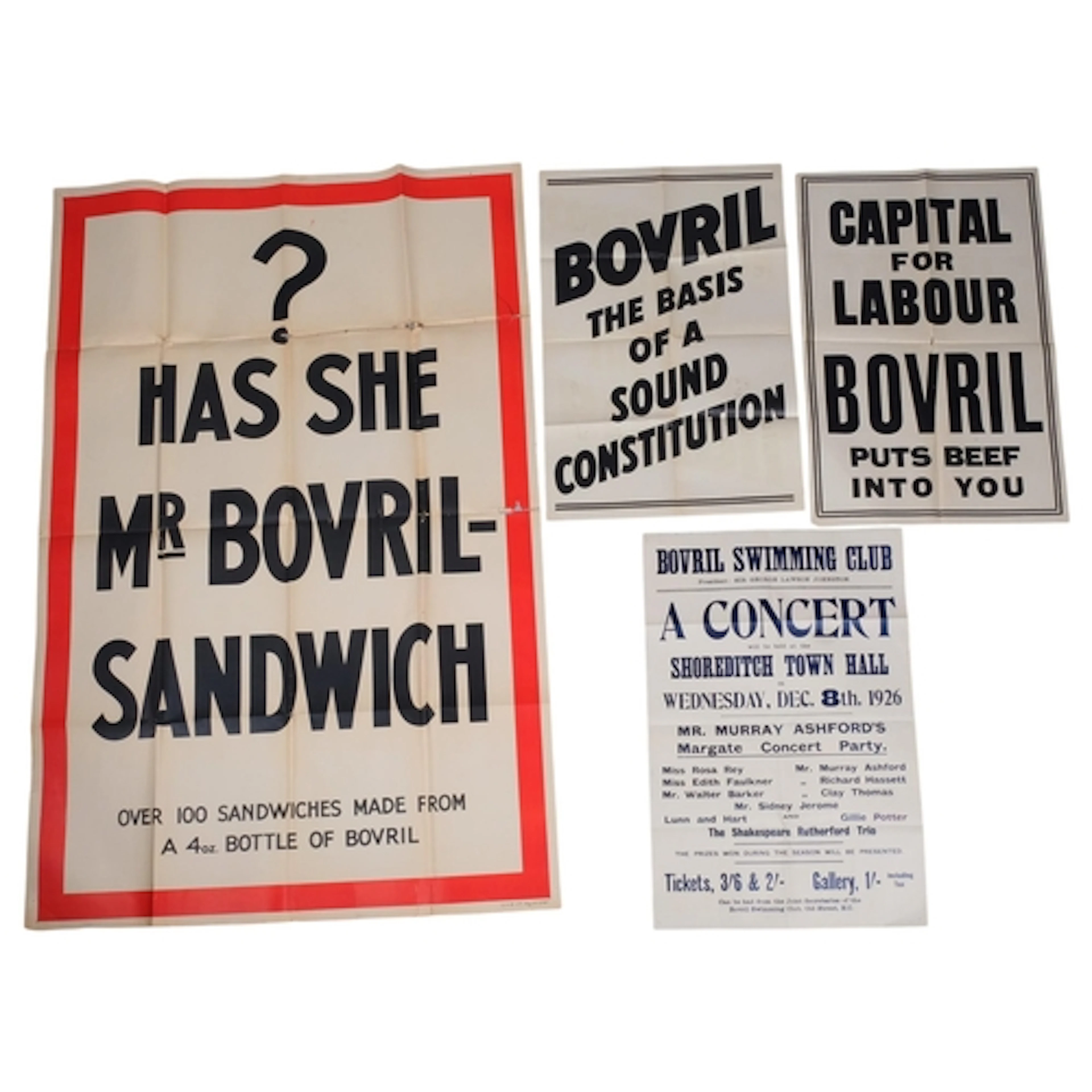 Five 1930's advertising posters relating to Bovril, includin...