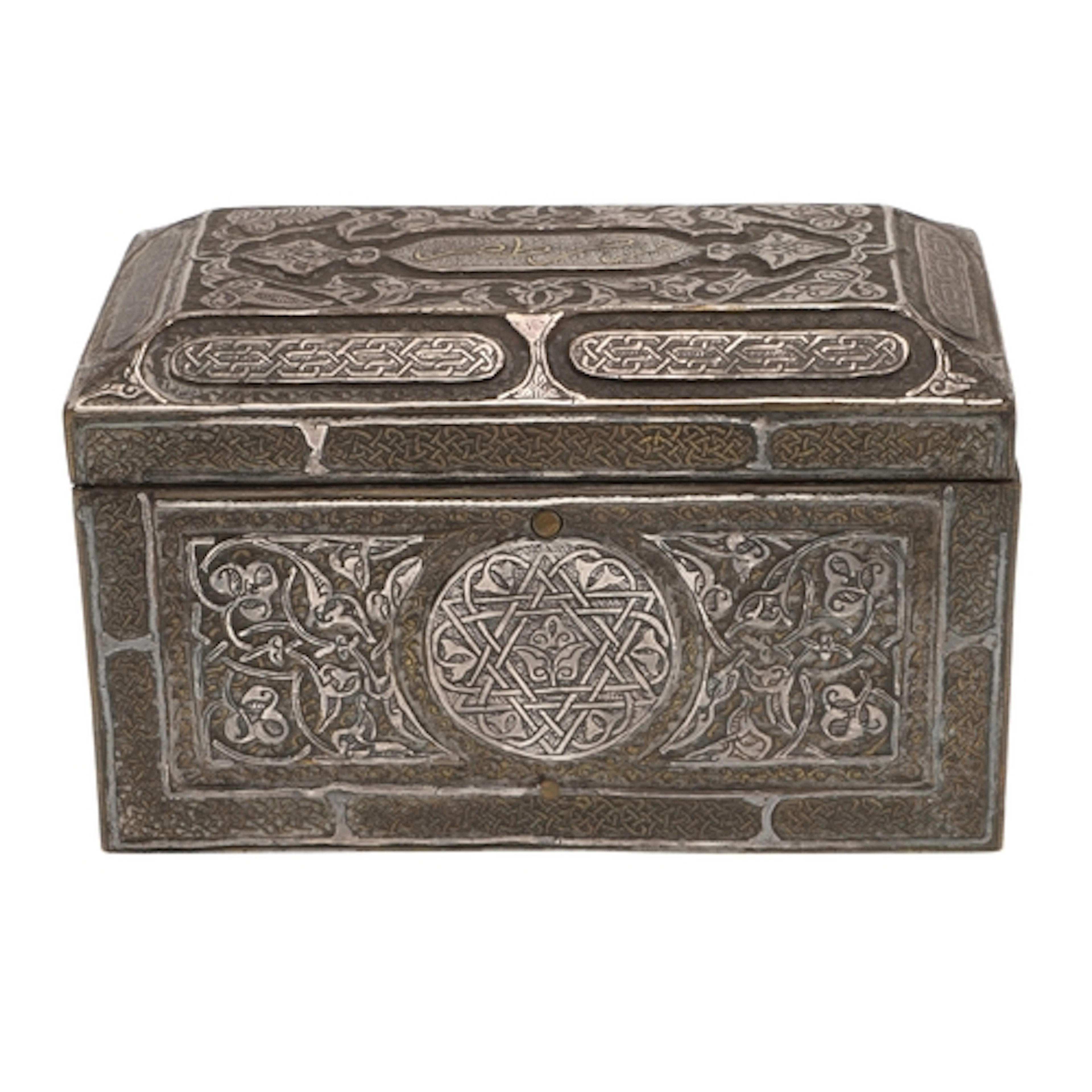 AN ISLAMIC BRASS BOX. wood lined, chased brass and silver wi...