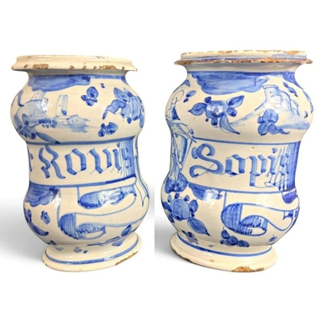 A pair of Italian blue and white maiolica pharmacy jars (alb...