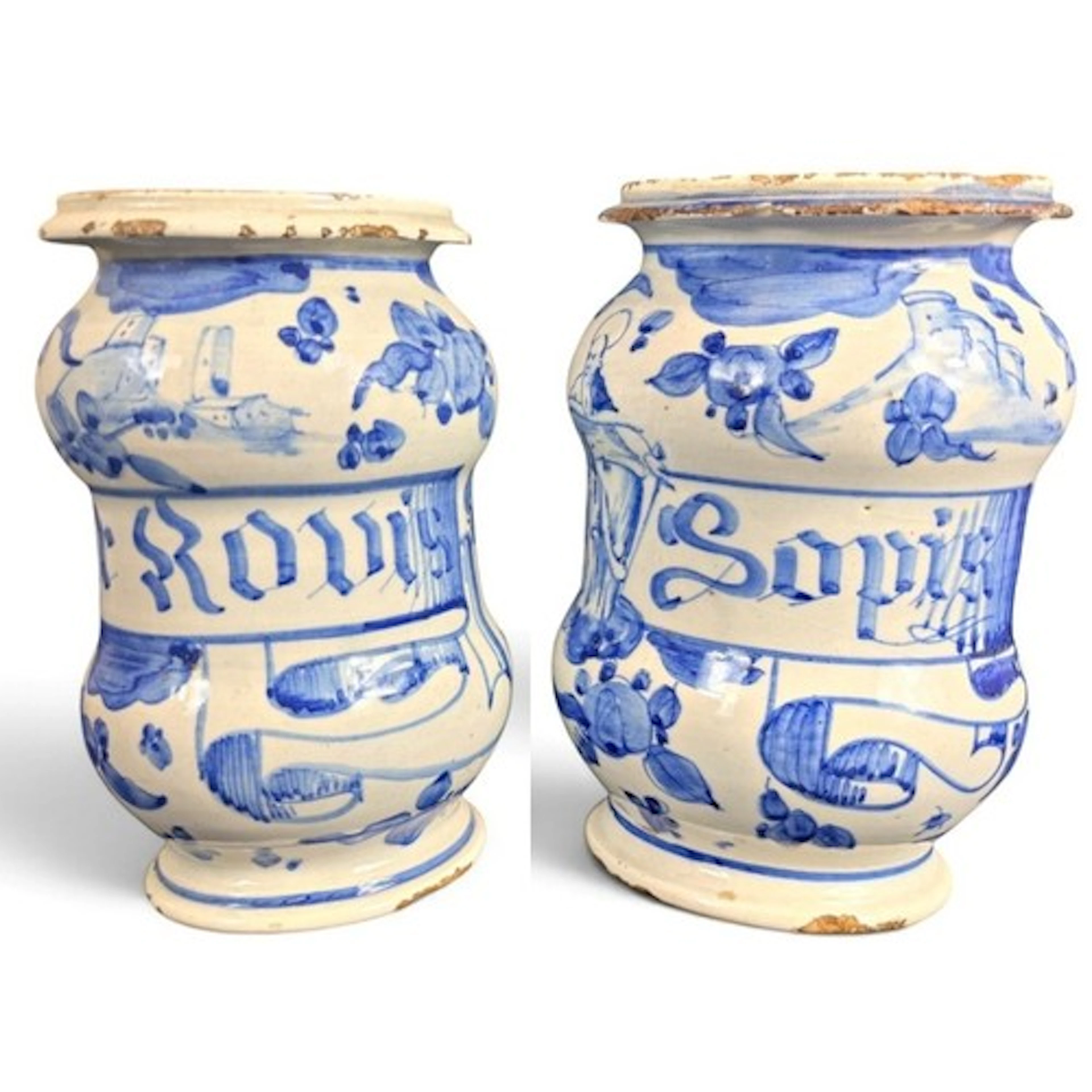A pair of Italian blue and white maiolica pharmacy jars (alb...
