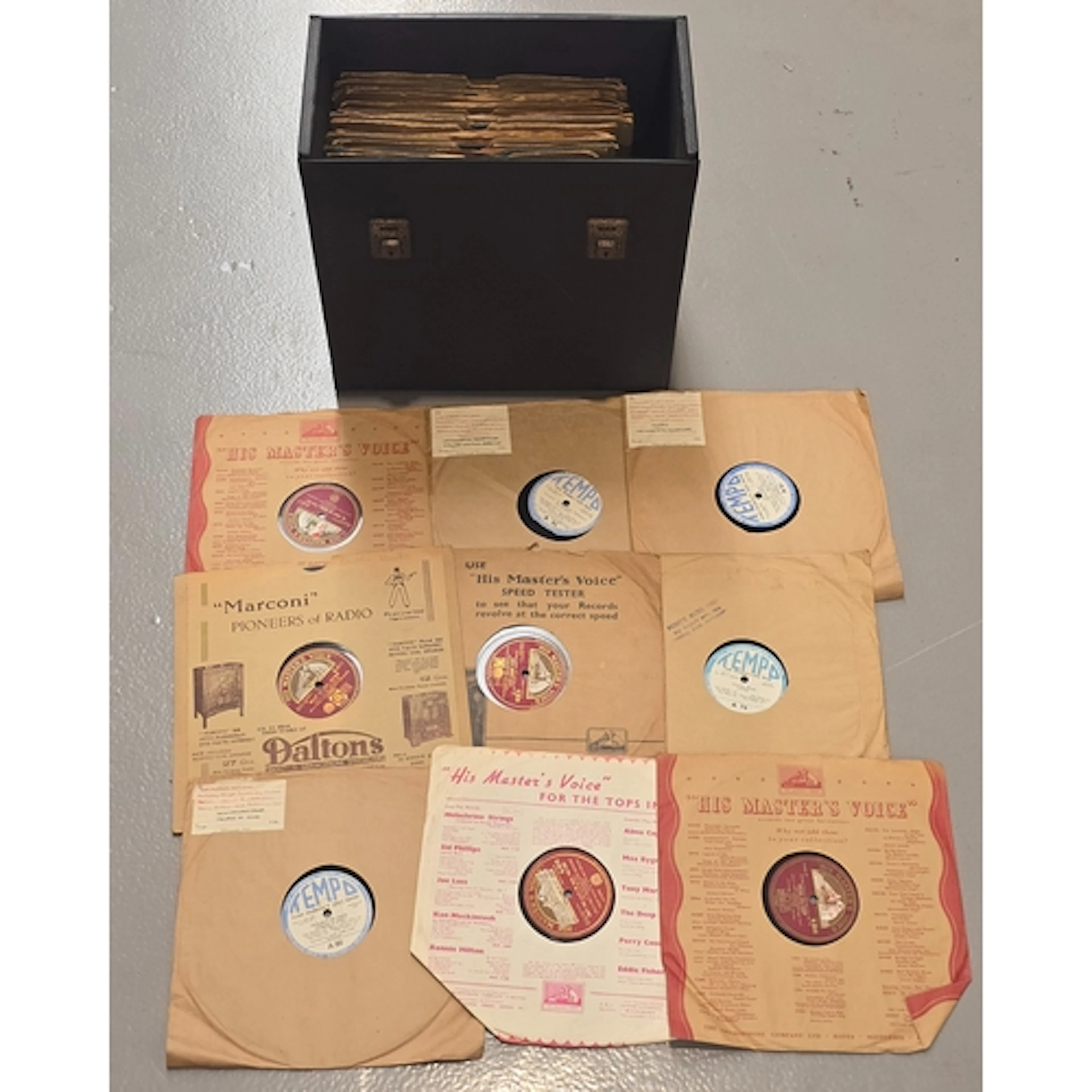 A case of jazz/swing 78rpm gramophone records. Artists "M" t...