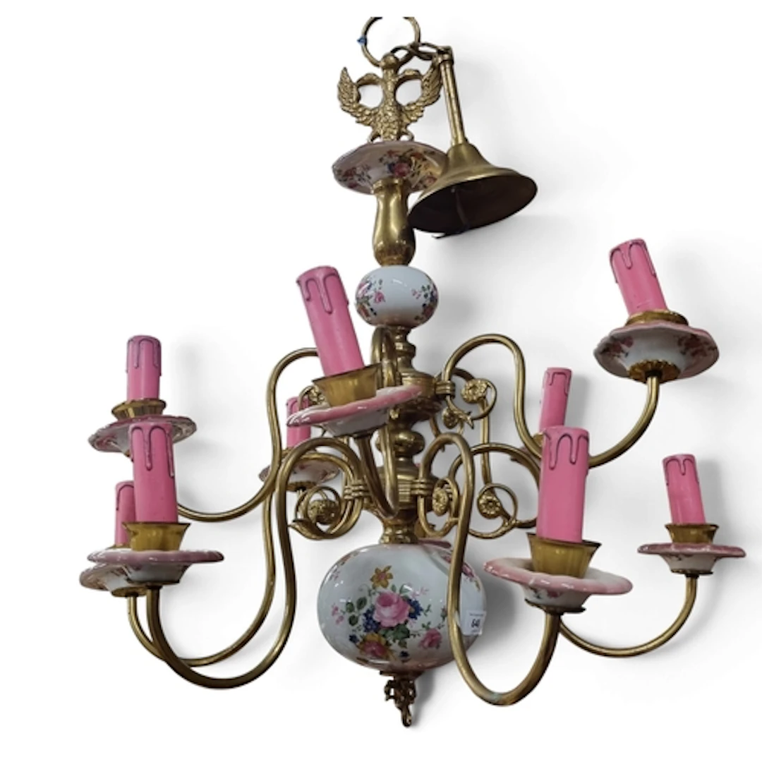 A 20th Century two tier Brass and Ceramic Chandelier.
