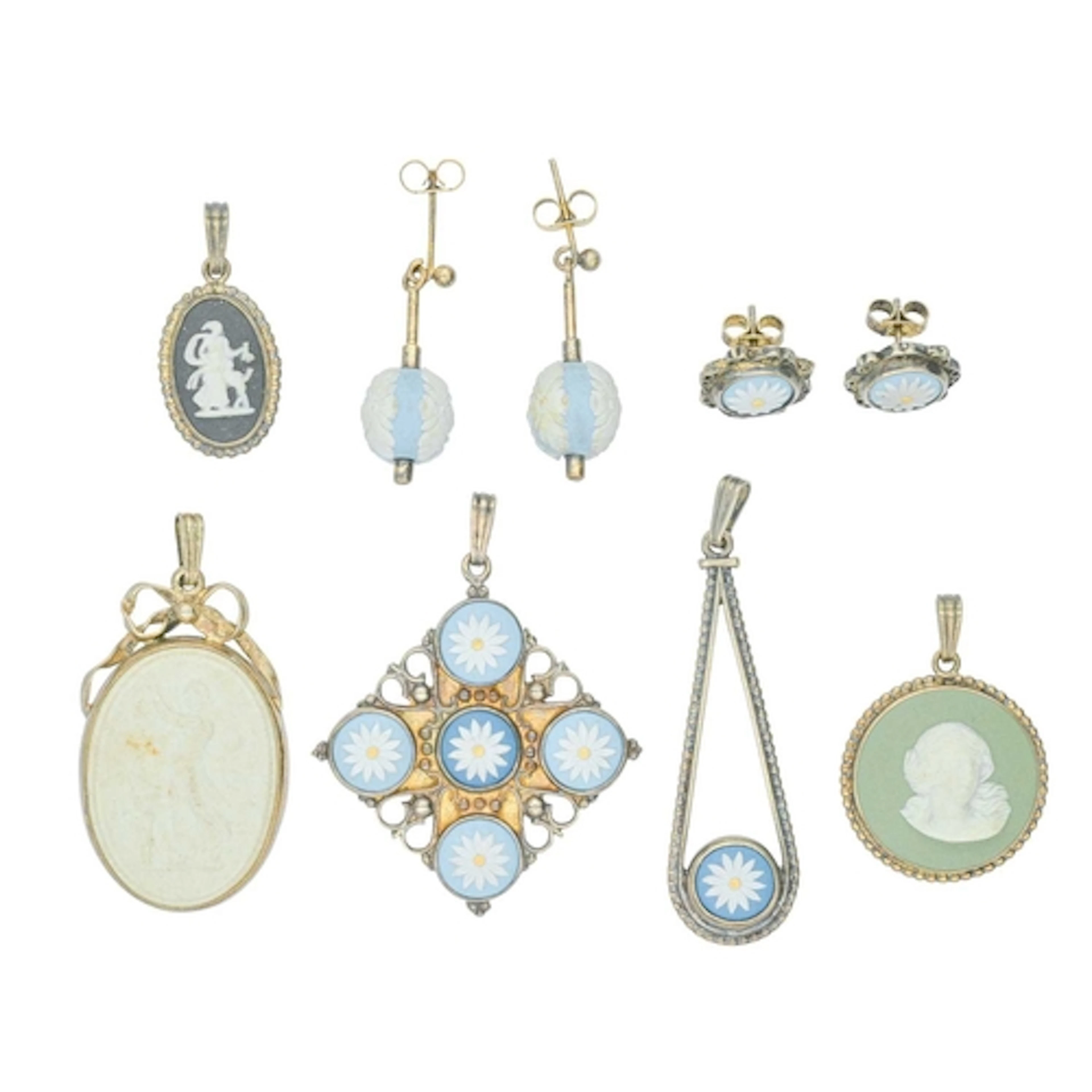 A selection of silver mounted Wedgwood jasper-ware jewels. T...