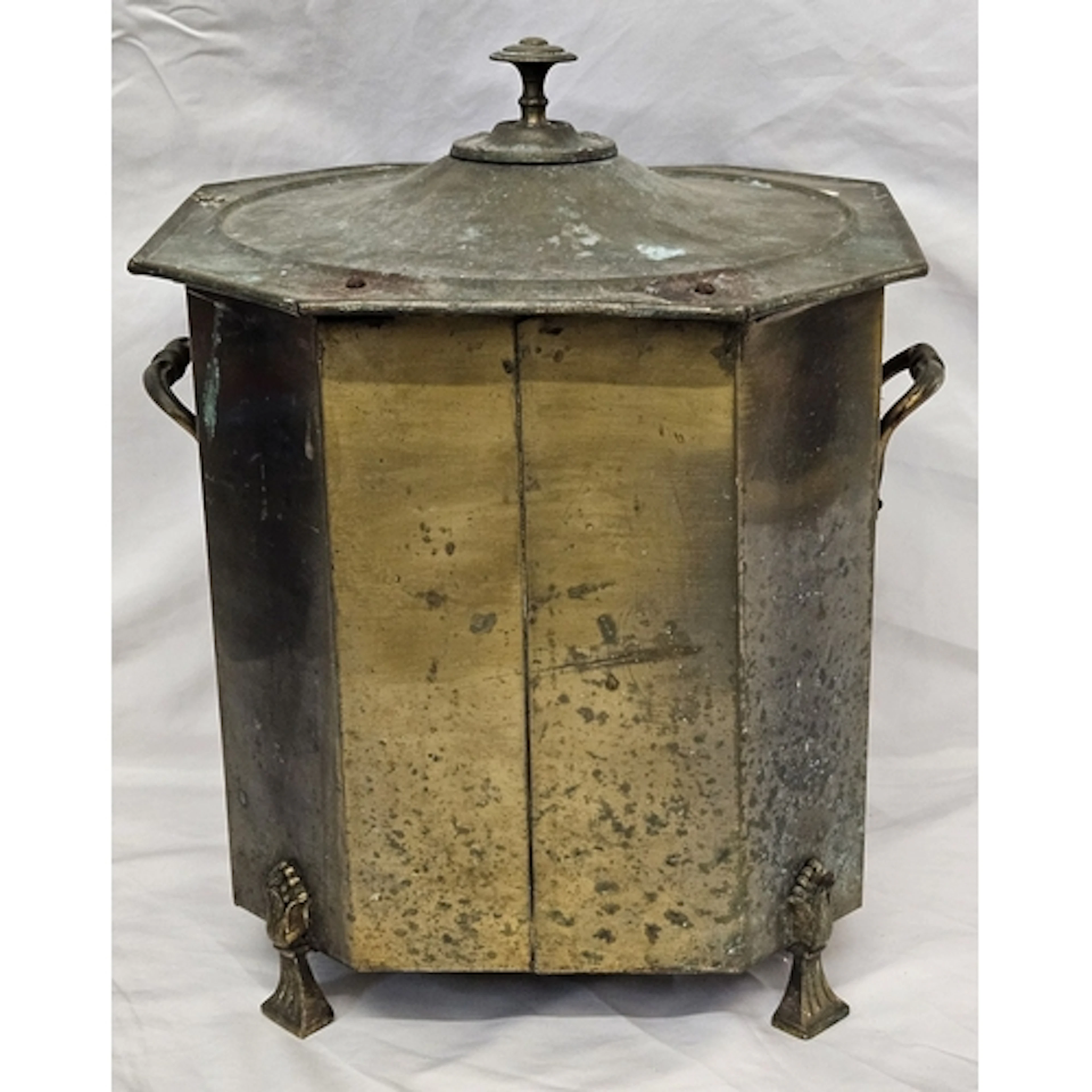 Hexagonal Brass Coal Box with hinged cover, side ring handle...