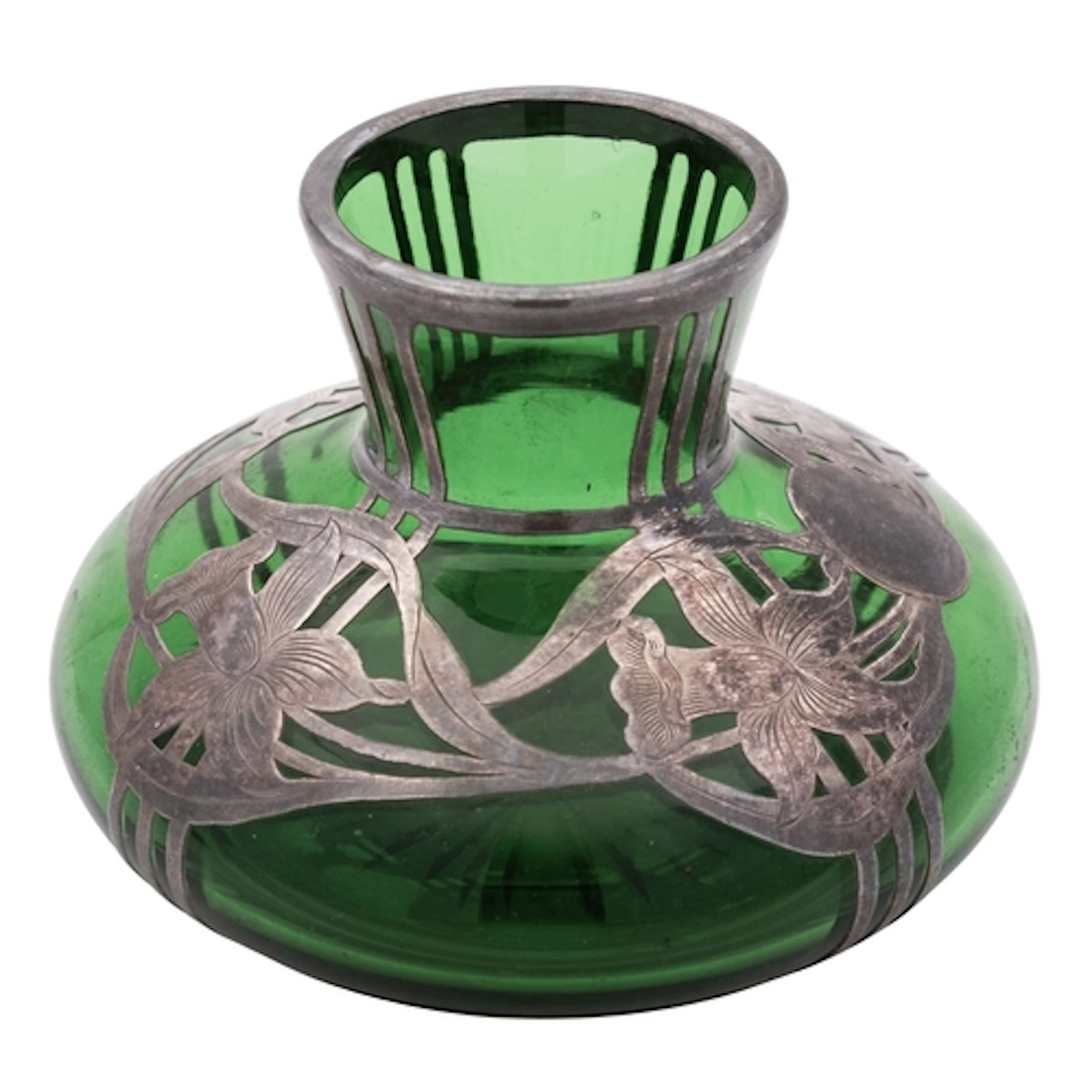 A 20th century North-American silver overlaid green glass va...