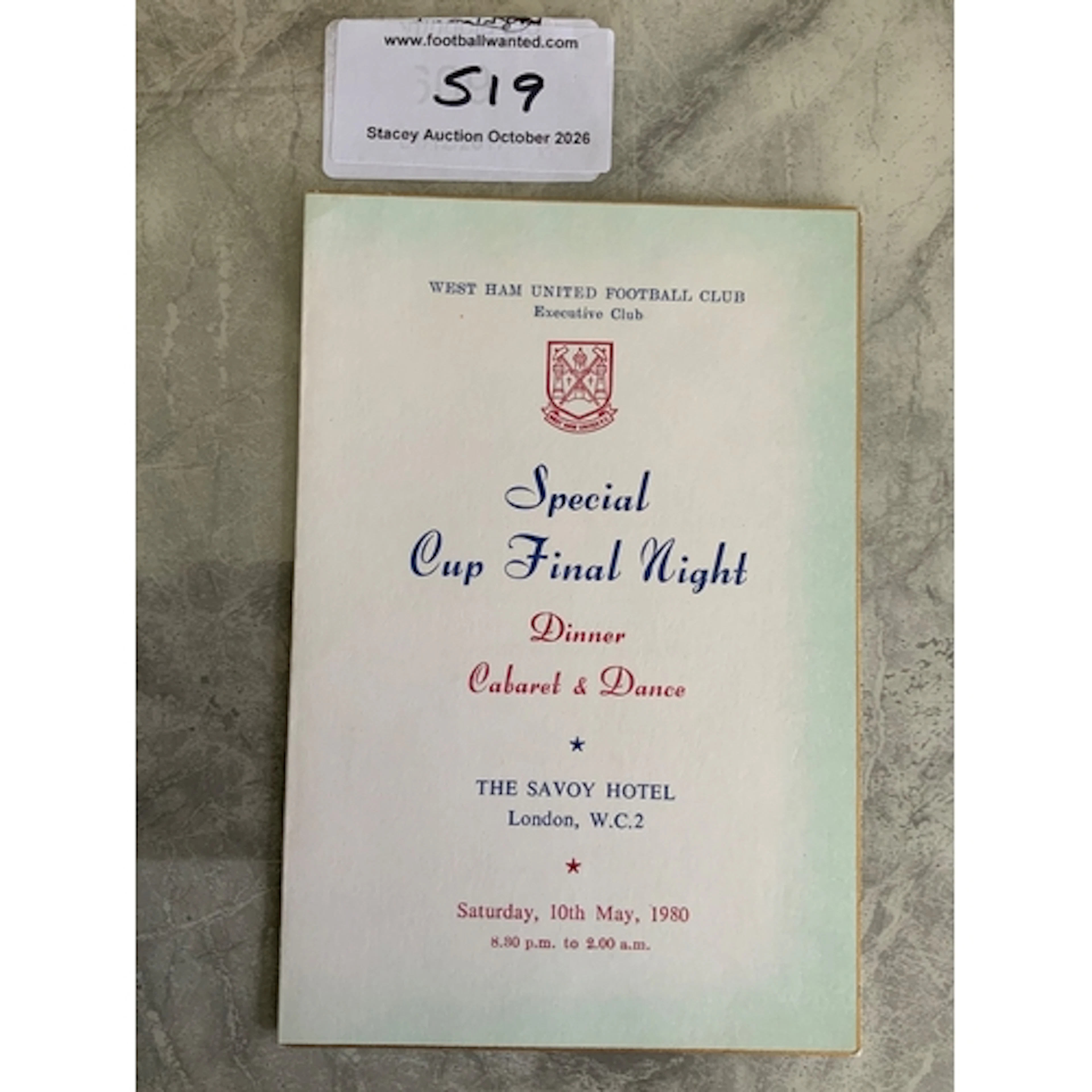 West Ham 1980 FA Cup Final Football Menu: Held in London the...