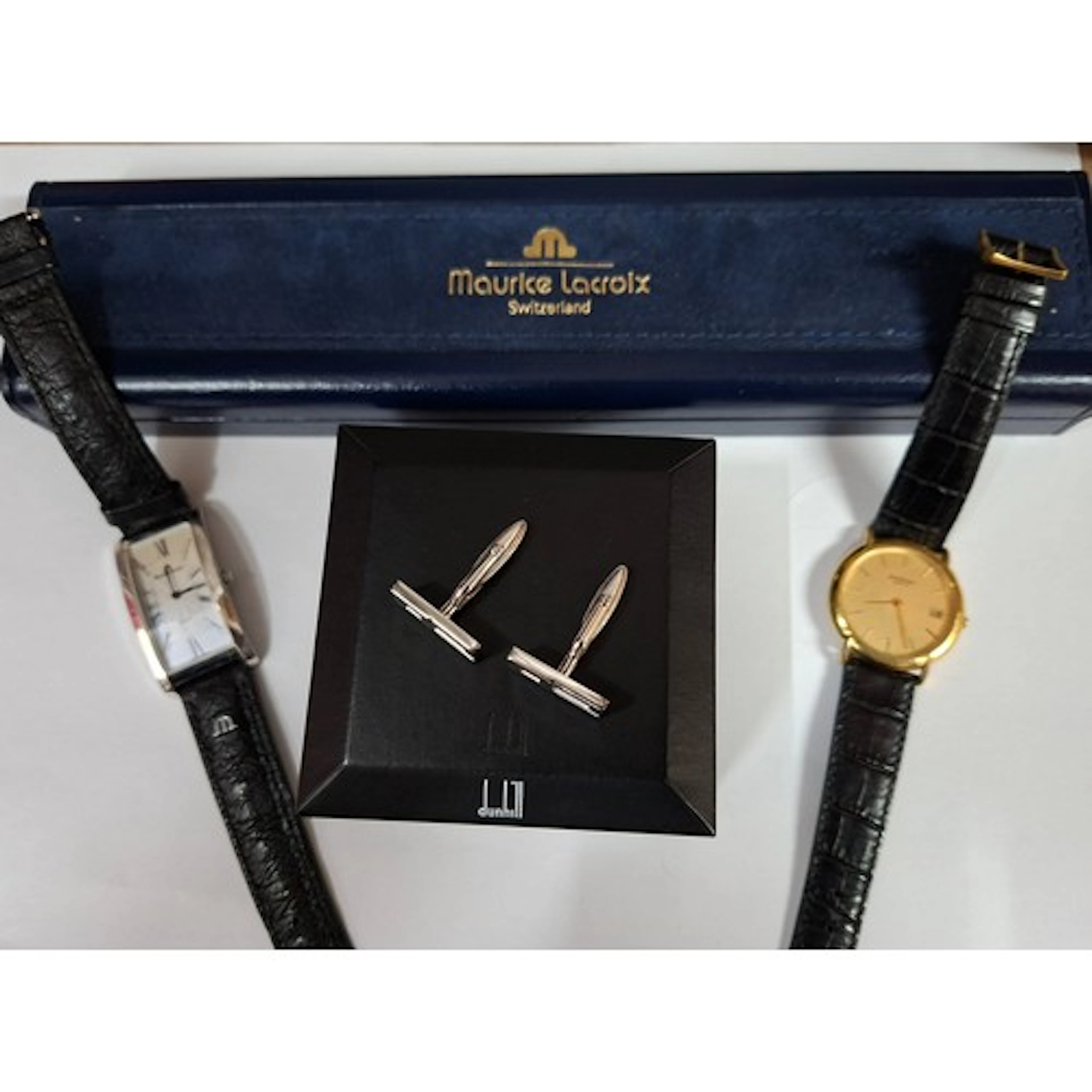 A pair of silver Dunhill cufflinks, a Maurice Lacroix gold p...