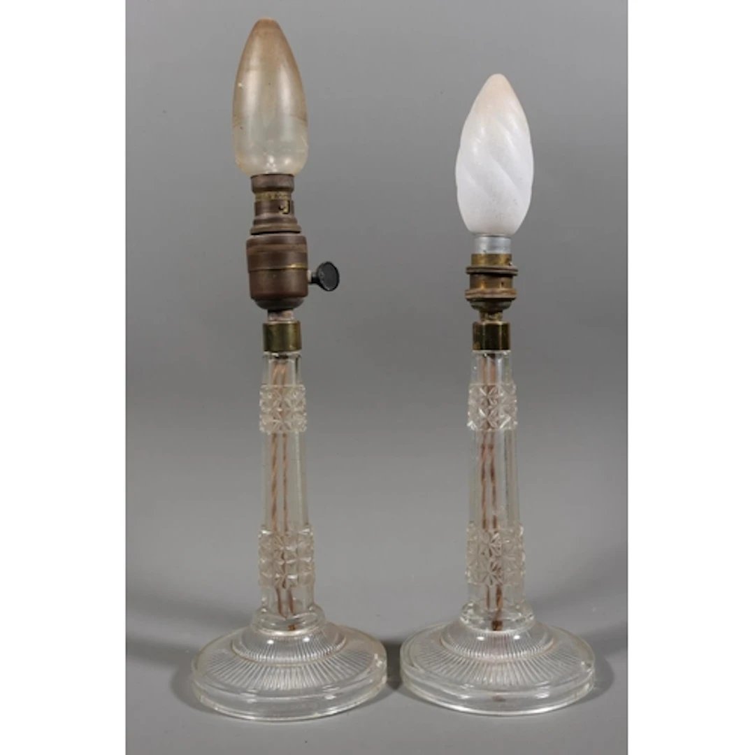 Pair of glass table lamps with hexagonal tapering columns an...