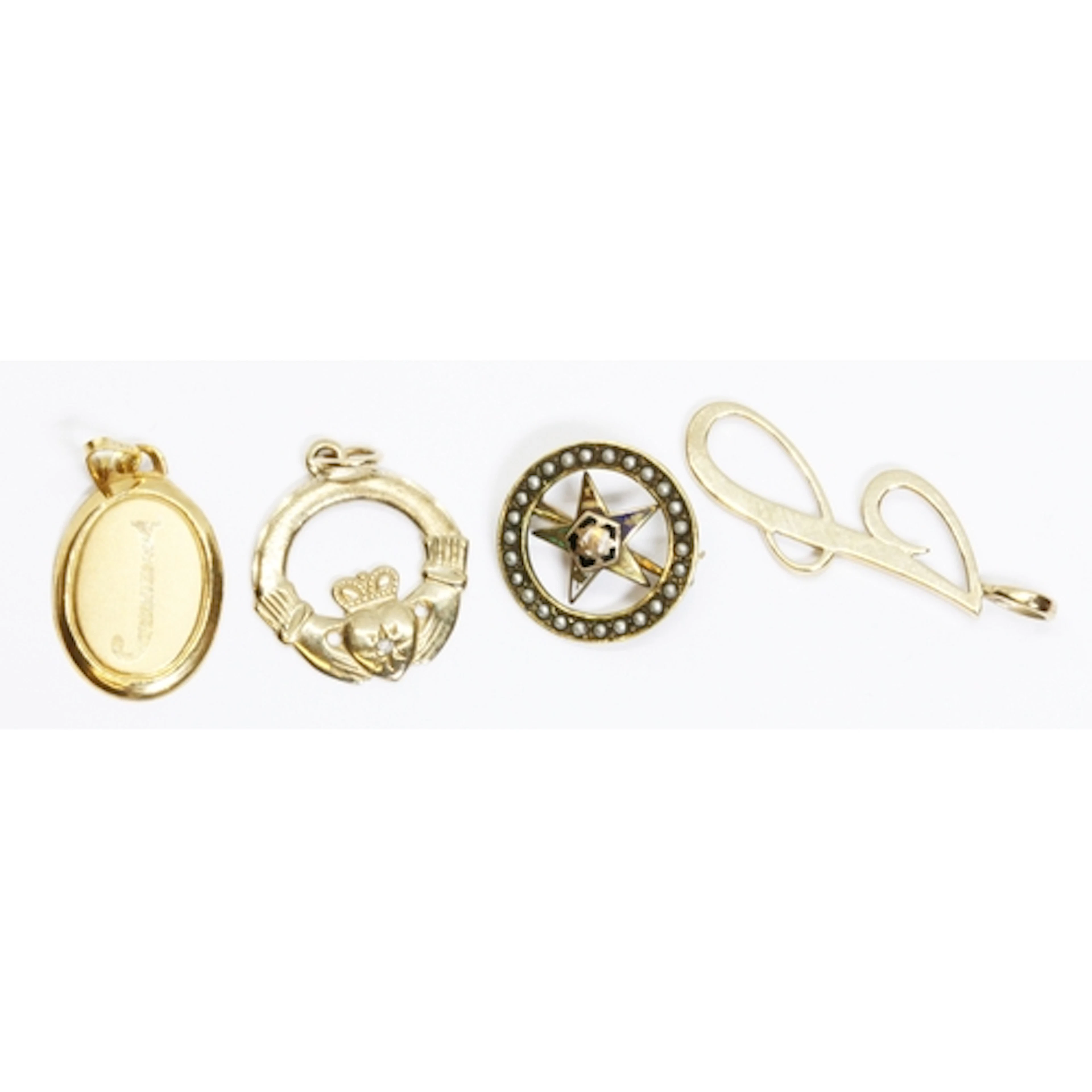 A mixed lot of pendants/charms comprising an oval 'J' marked...