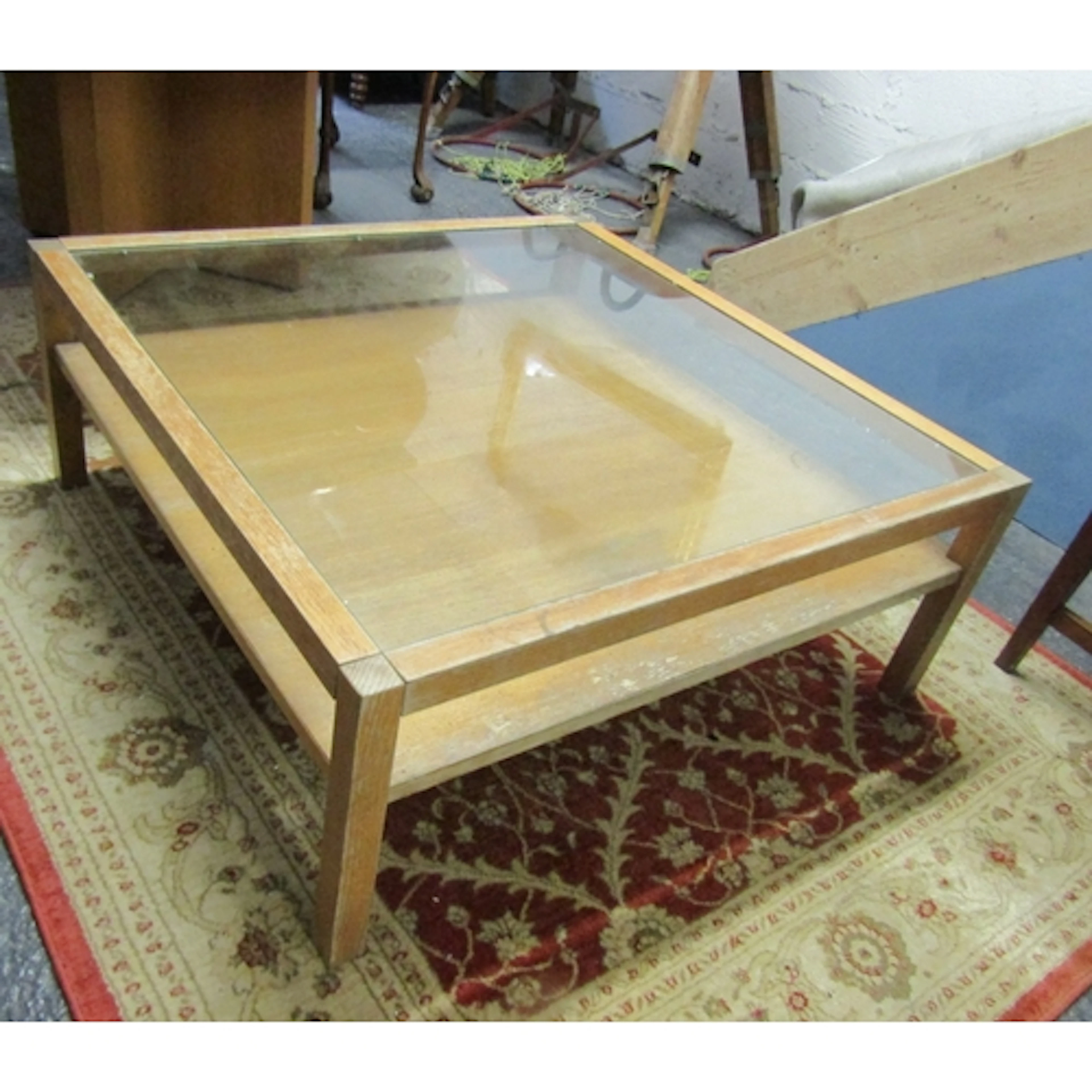 Vintage Plate Glass Inset Top Oak Square Form Coffee Table w...