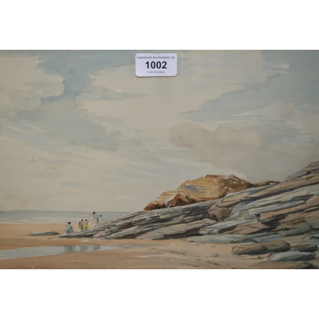 Two framed watercolours, beach scene with figures, signed Ma...