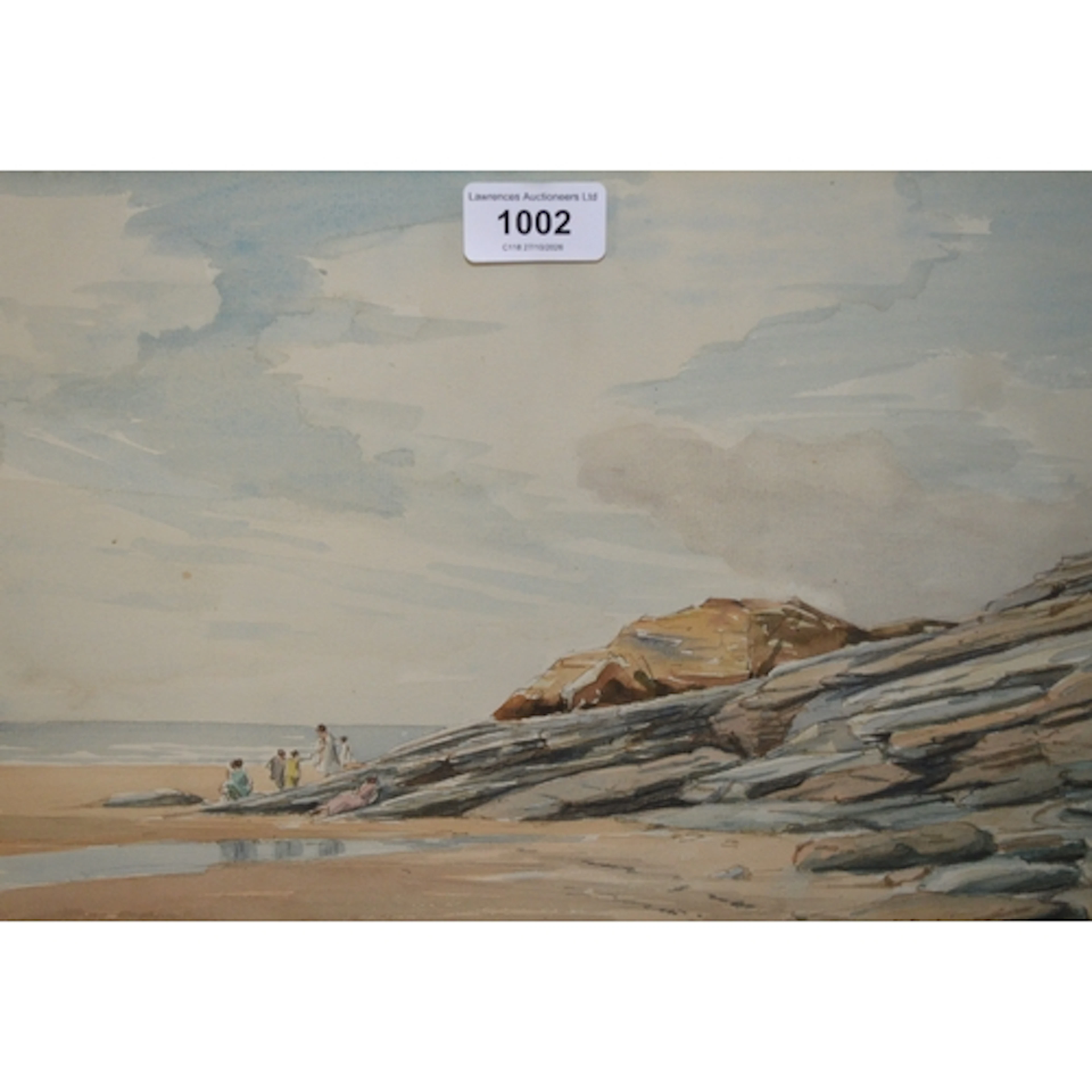 Two framed watercolours, beach scene with figures, signed Ma...