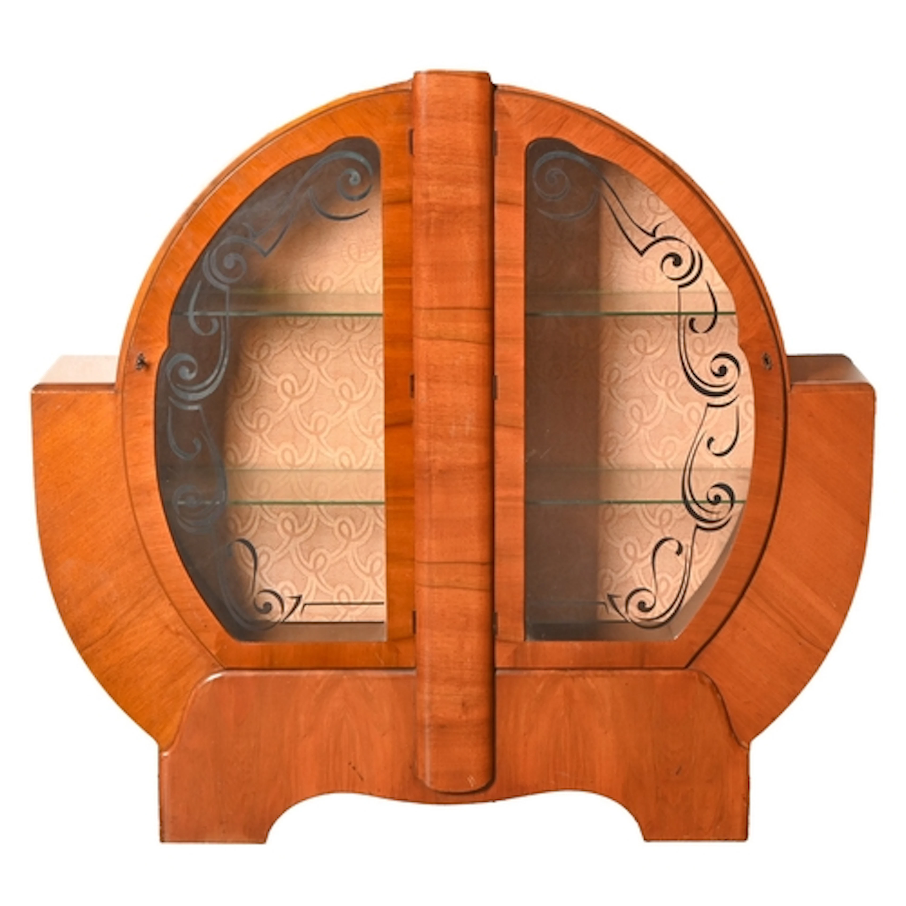 An English Art Deco walnut china cabinet, with scraped glass...