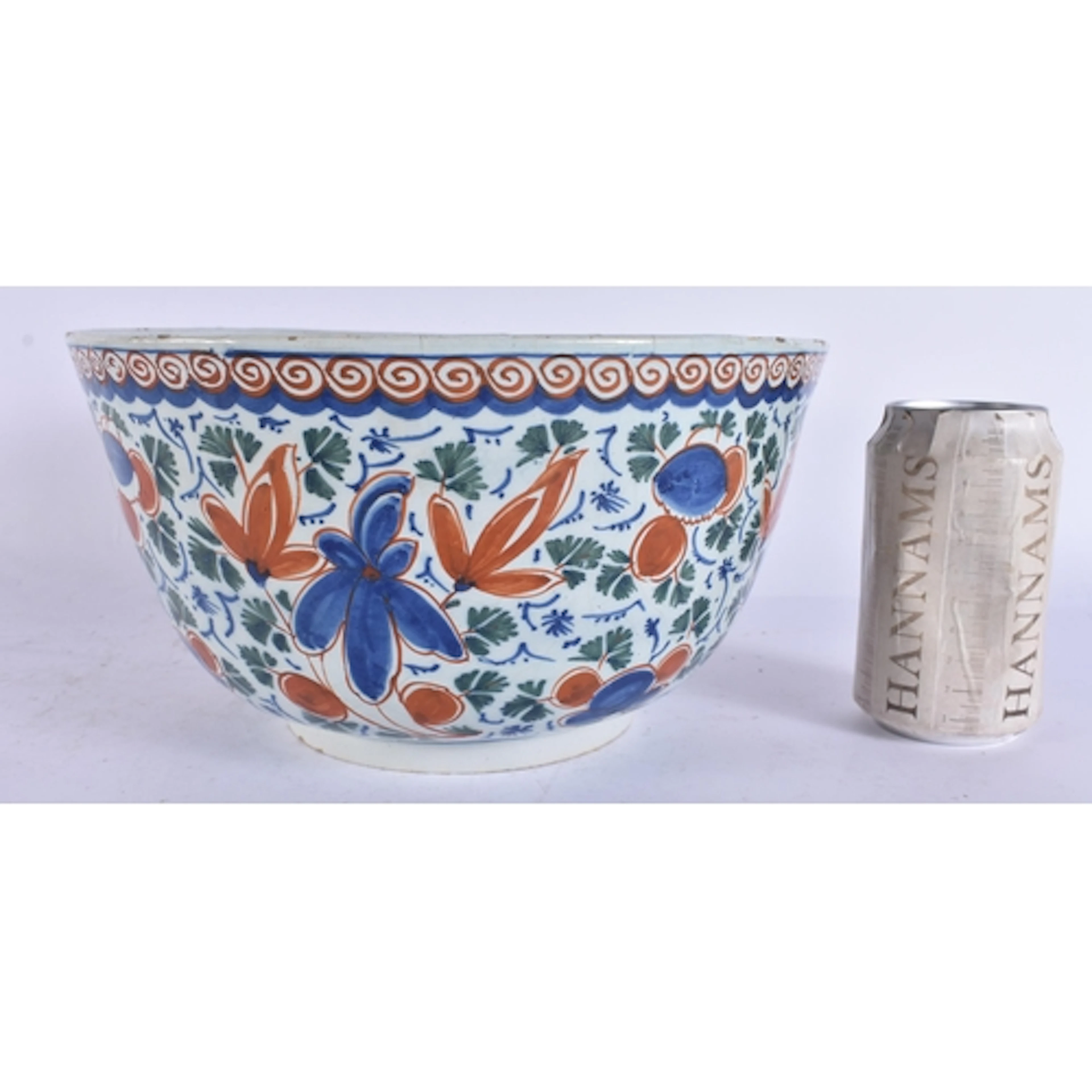 AN UNUSUALLY LARGE 18TH CENTURY DELFT POLYCHROMED POTTERY BO...