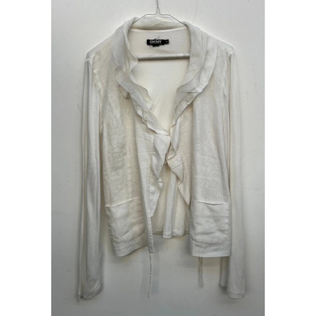 A DKNY white cotton and linen top with frilled collar, size ...