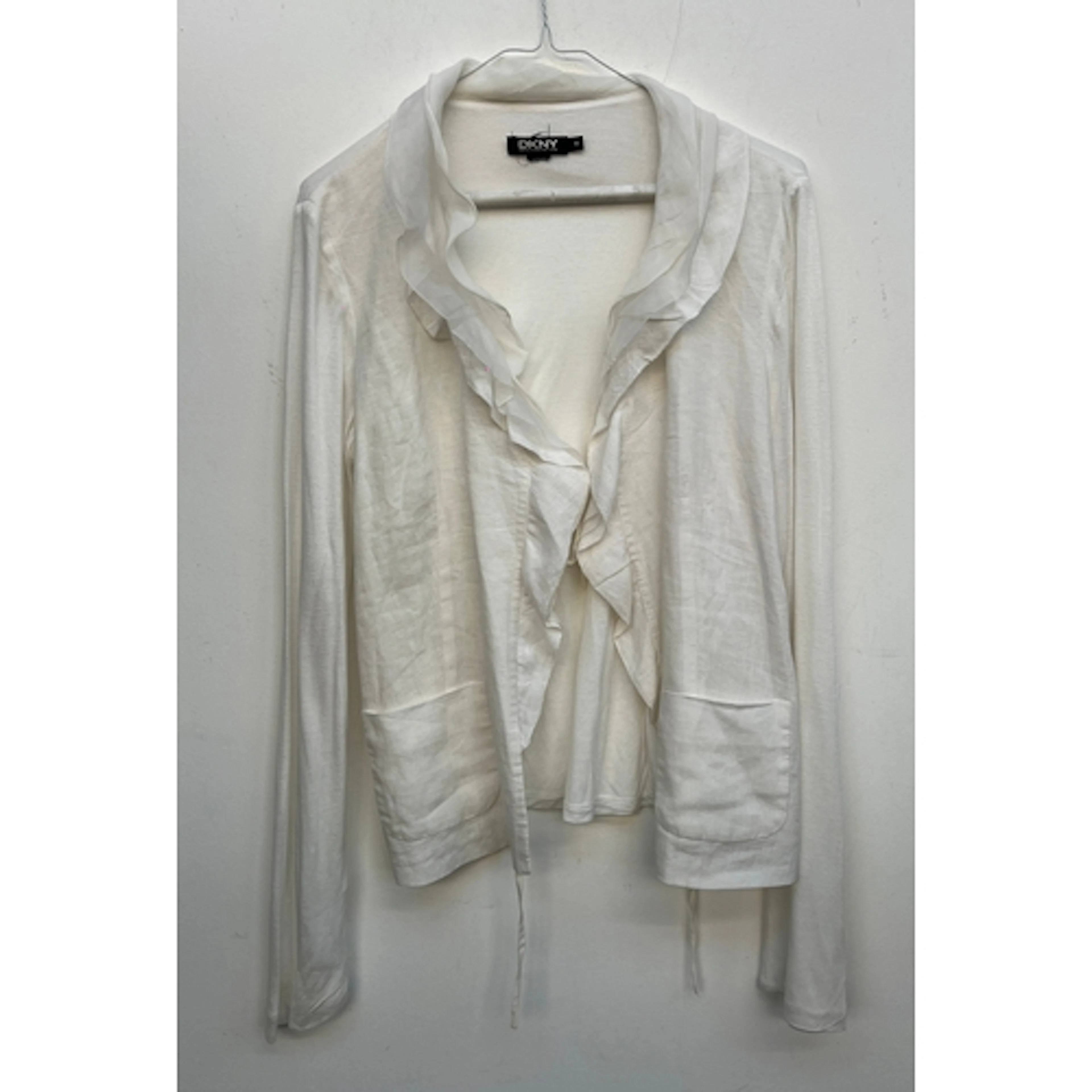 A DKNY white cotton and linen top with frilled collar, size ...