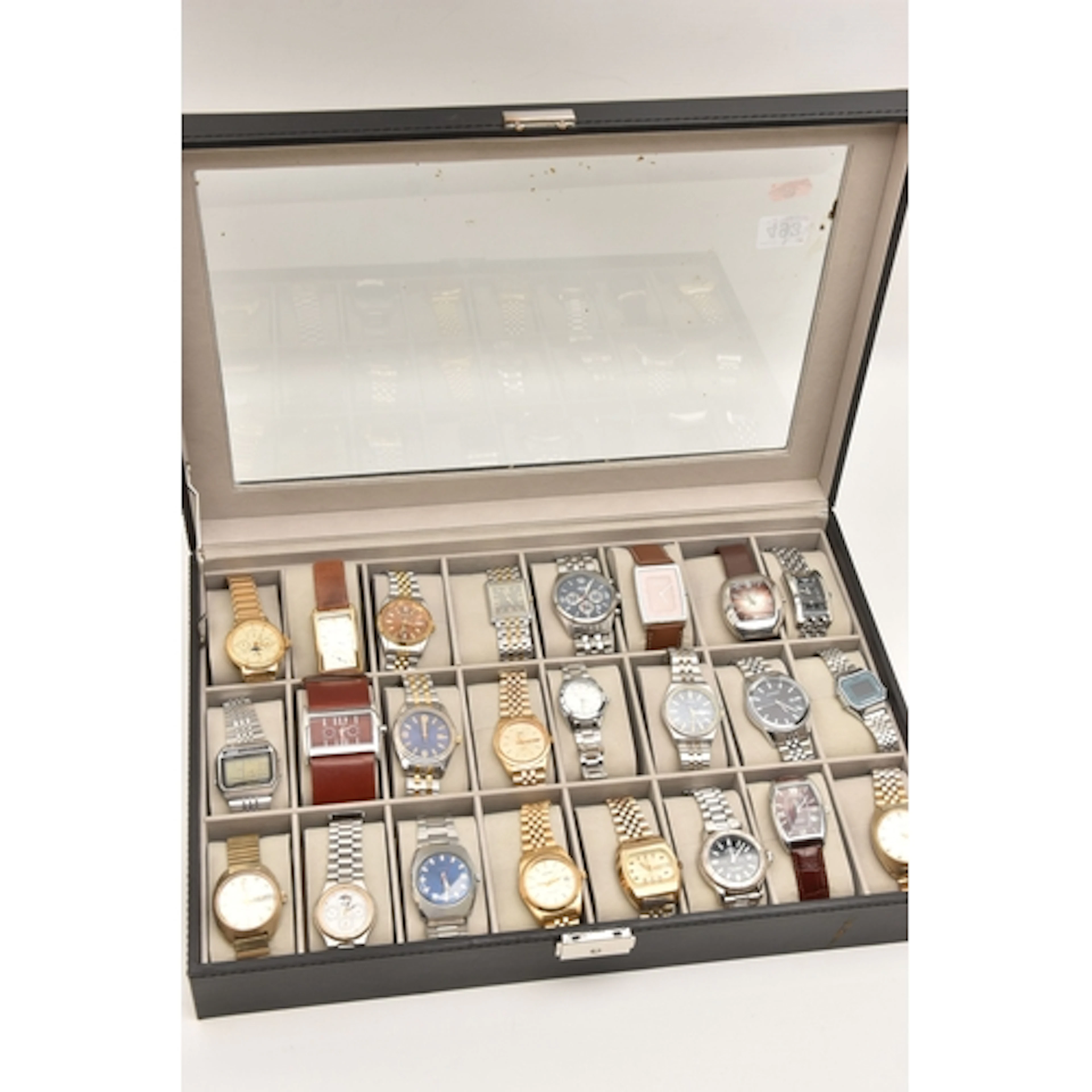 A LARGE WATCH DISPLAY CASE WITH ASSORTED GENTS WRISTWATCHES,...