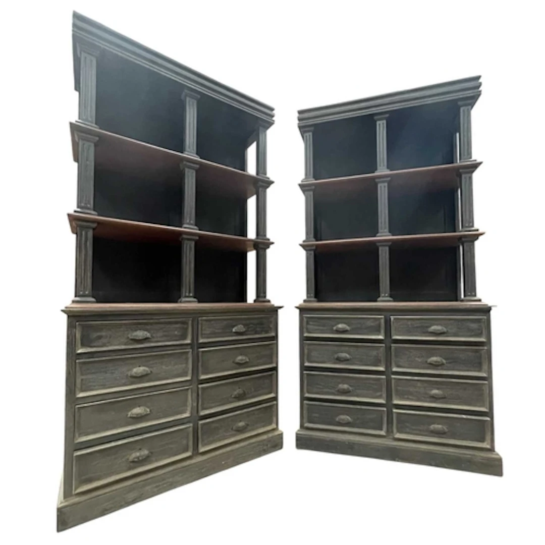 A pair of contemporary high-end design black and grey distre...