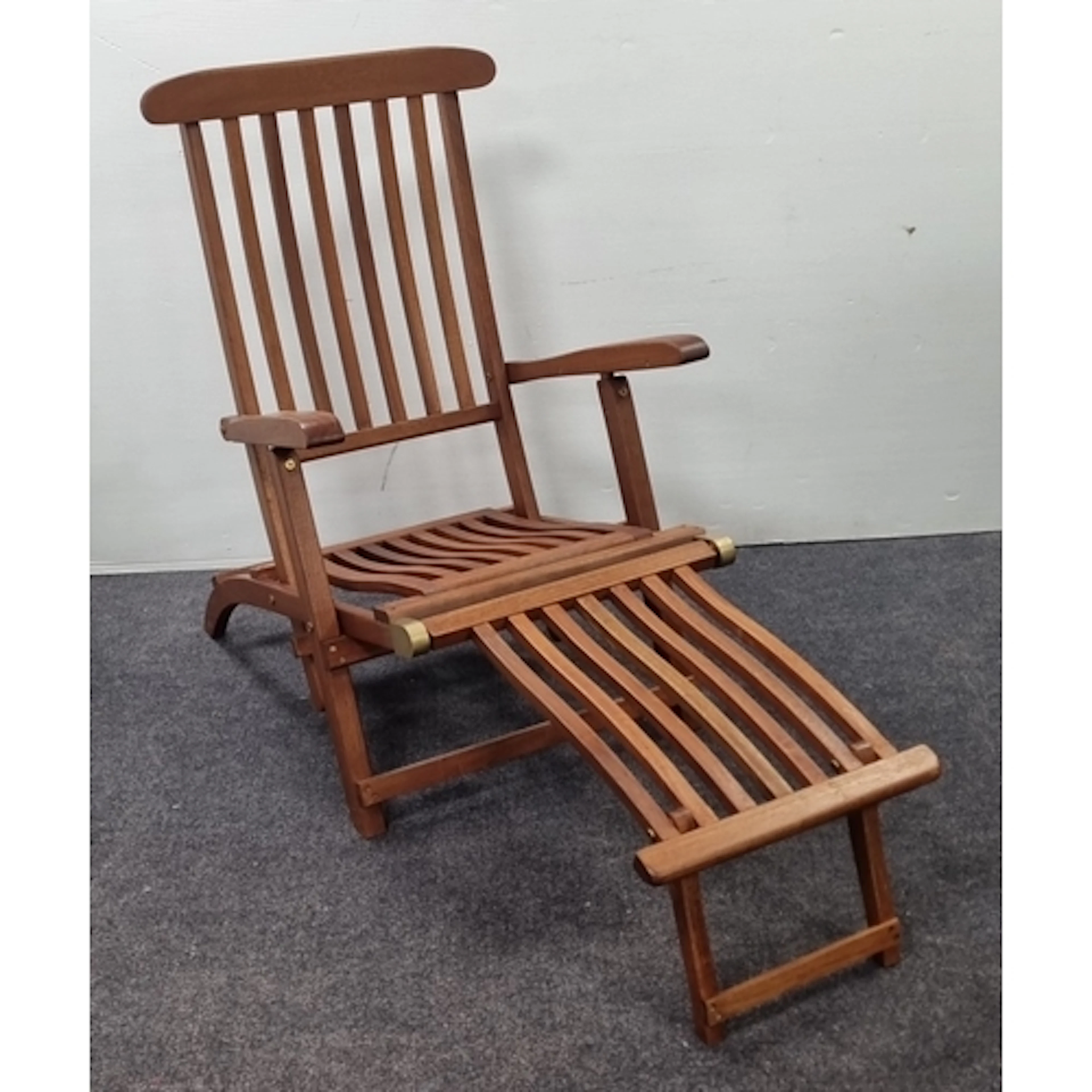 Wooden slat-back reclining garden armchair with pull-out foo...
