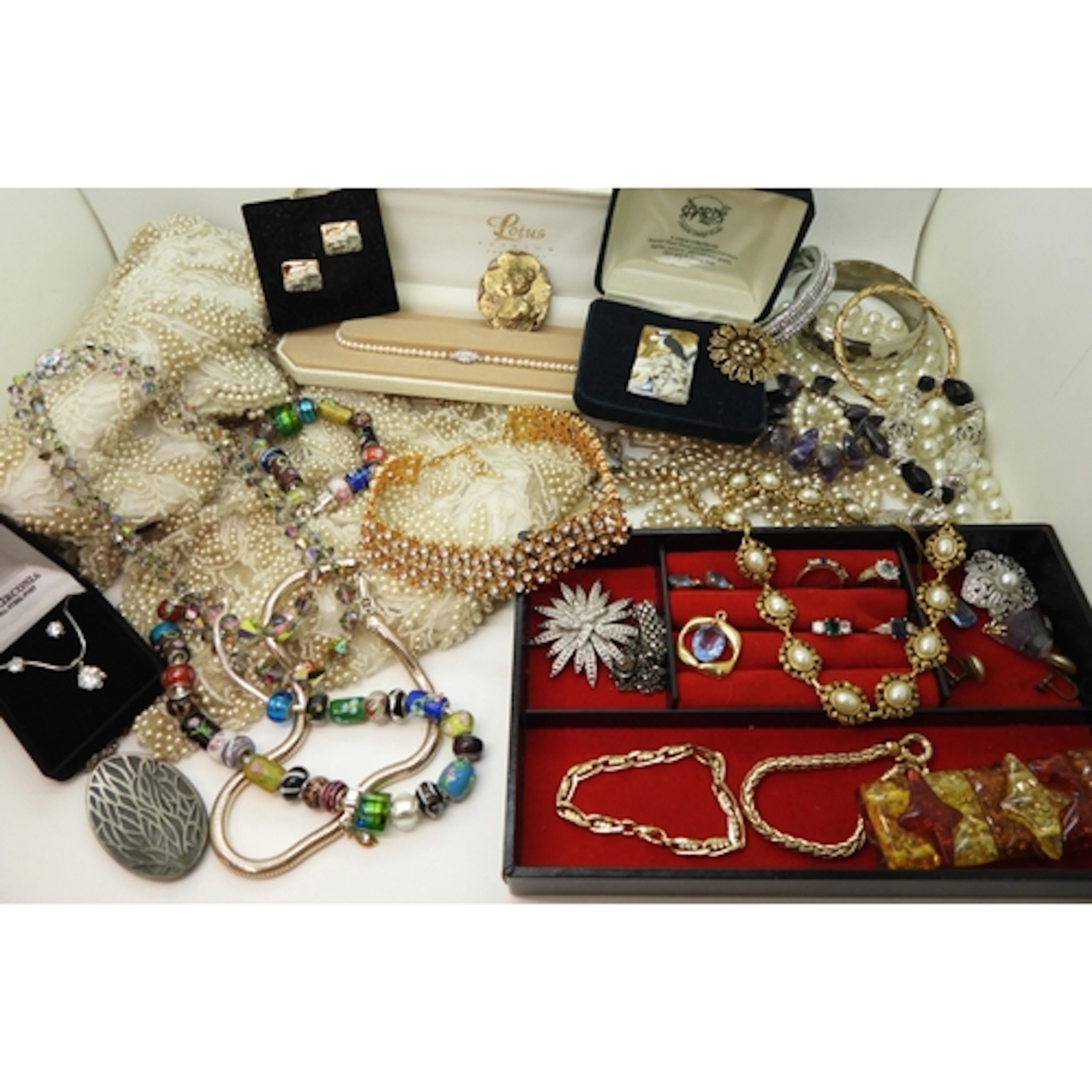 A quantity of vintage heavily beaded net material, a retro d...