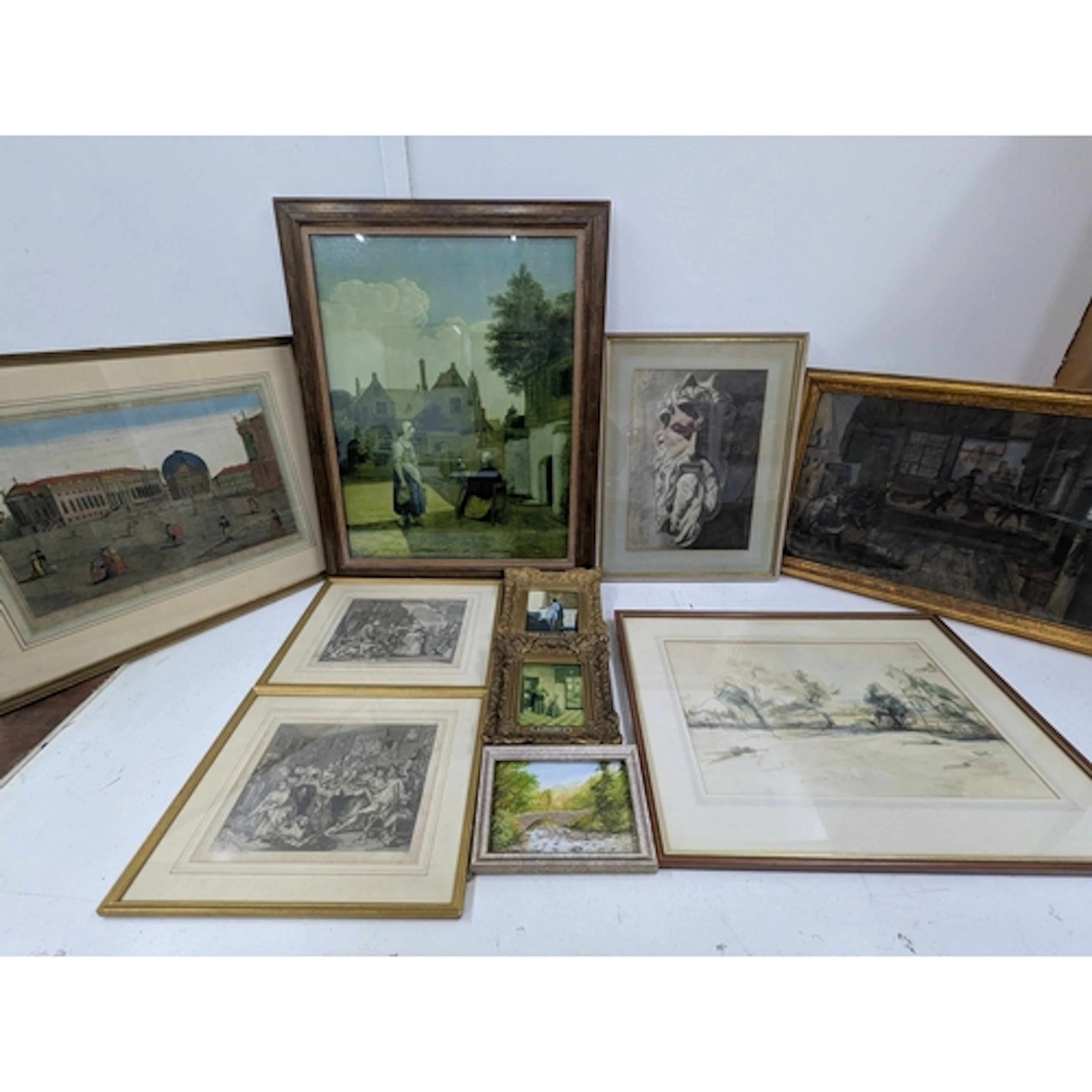 Framed and glazed painting and prints to include an 18th cen...