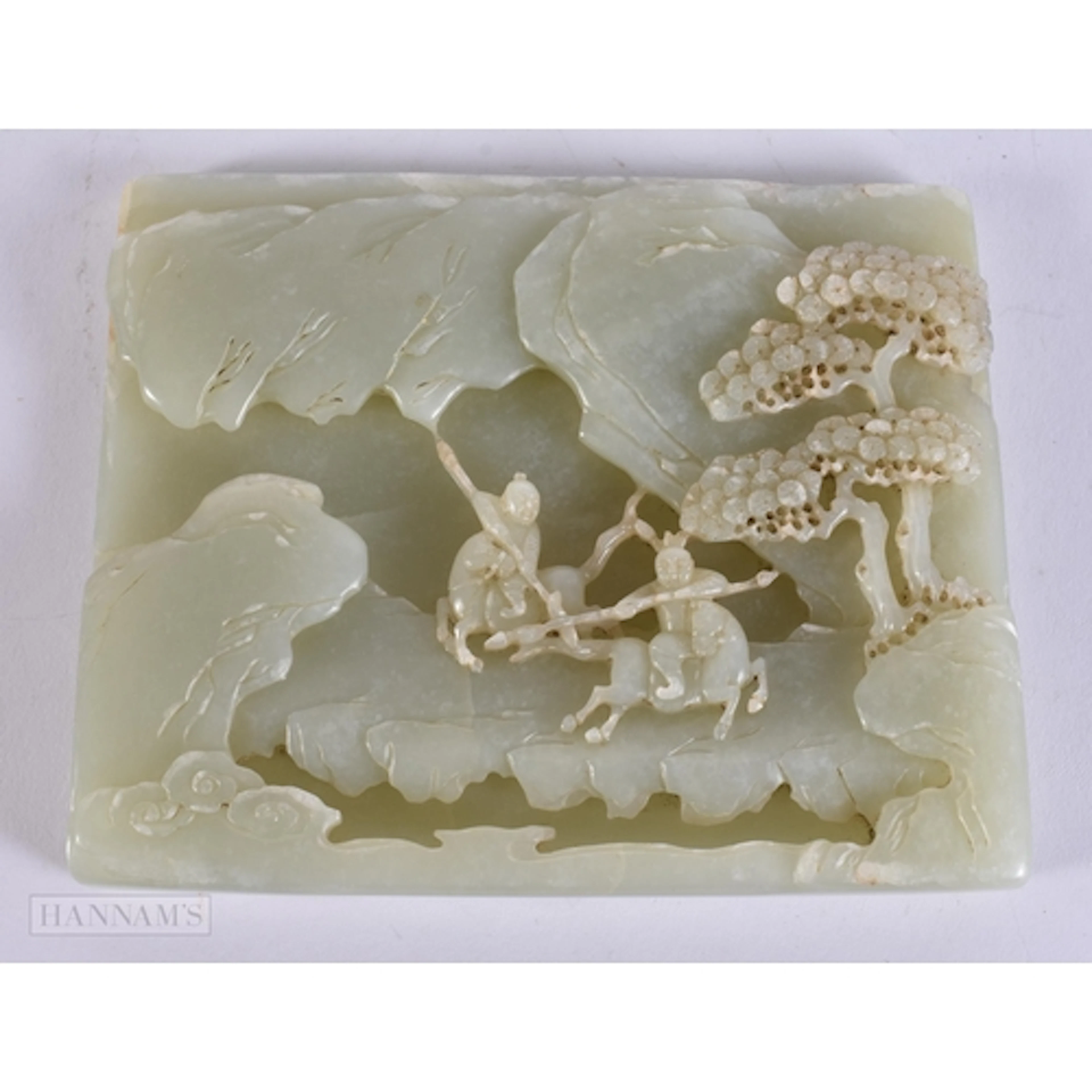 AN 18TH/19TH CENTURY CHINESE CARVED GREEN JADE LANDSCAPE PLA...