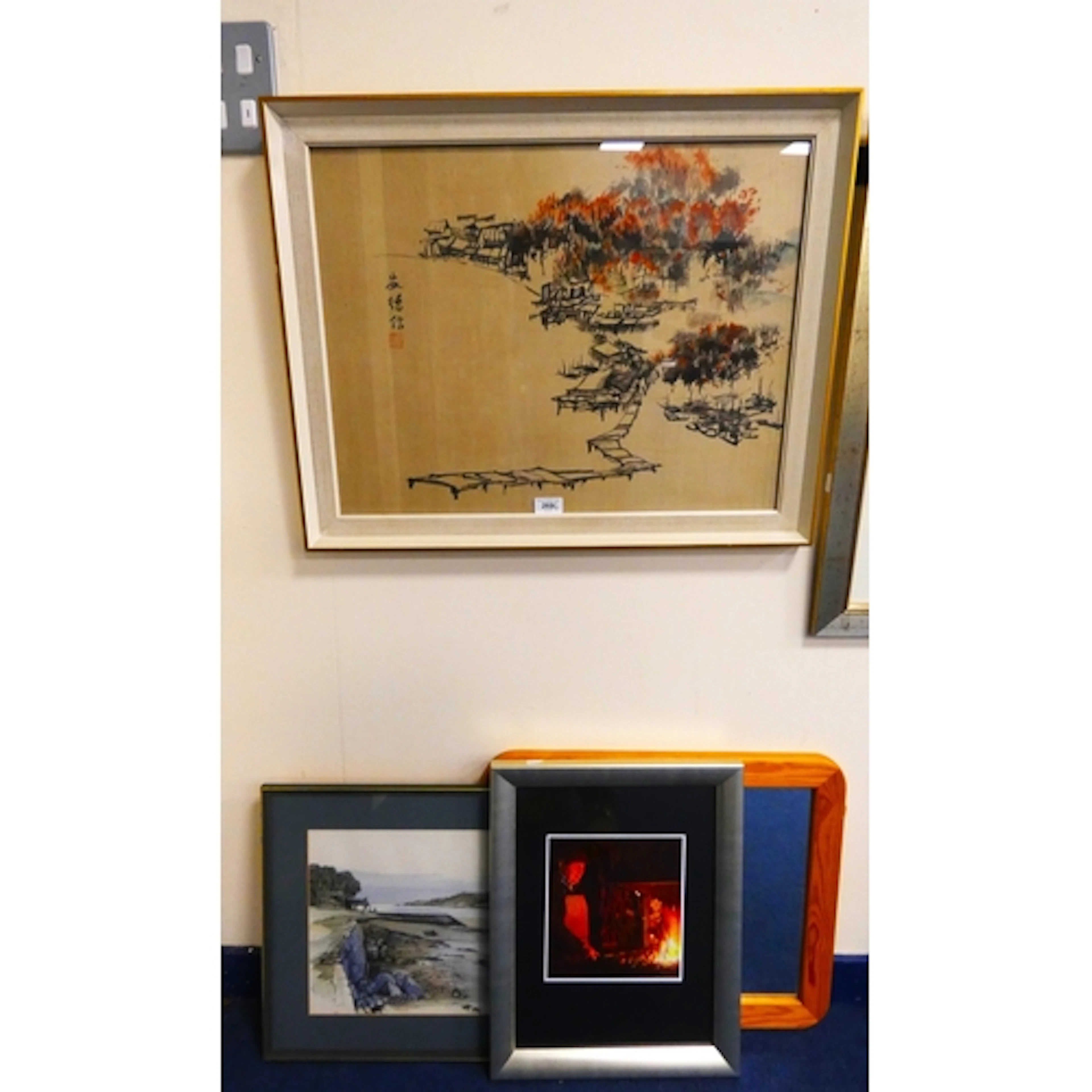 Group of three pictures and prints to include a watercolour ...