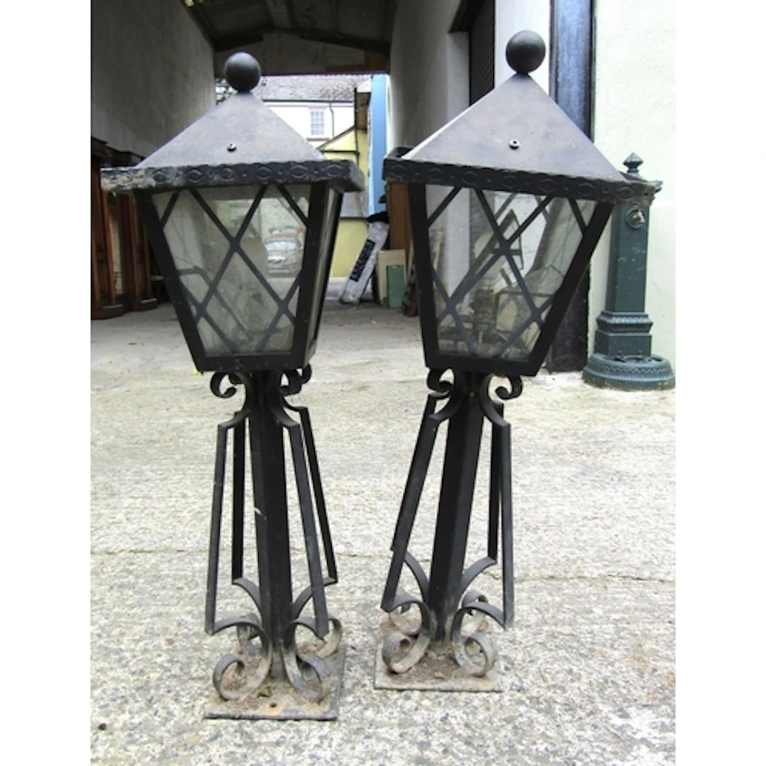 Pair of Wrought Metal Pillar Lanterns Electrified Working Or...
