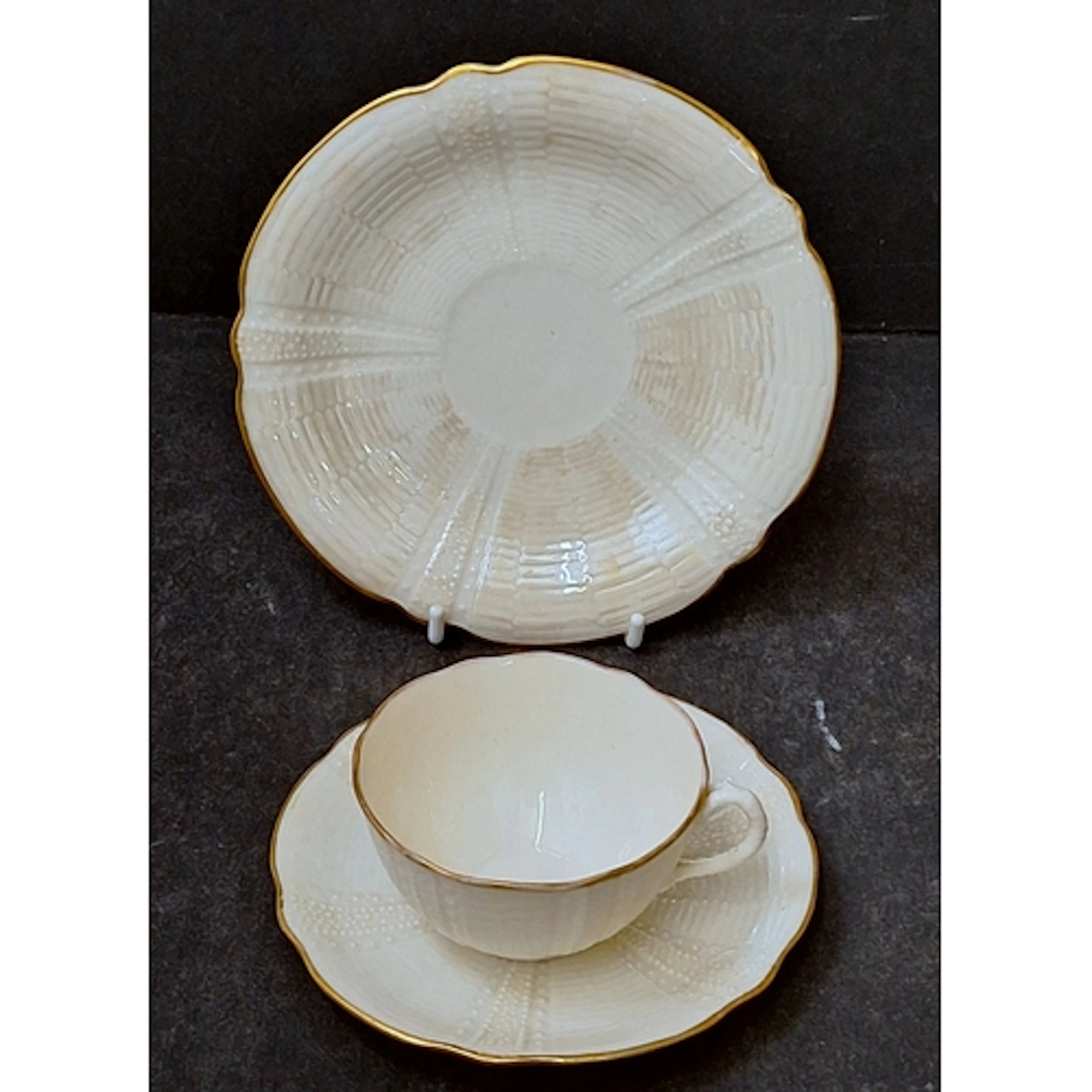 Antique Belleek Echinus Gold Rimmed Tea Cup, Saucer & Side P...