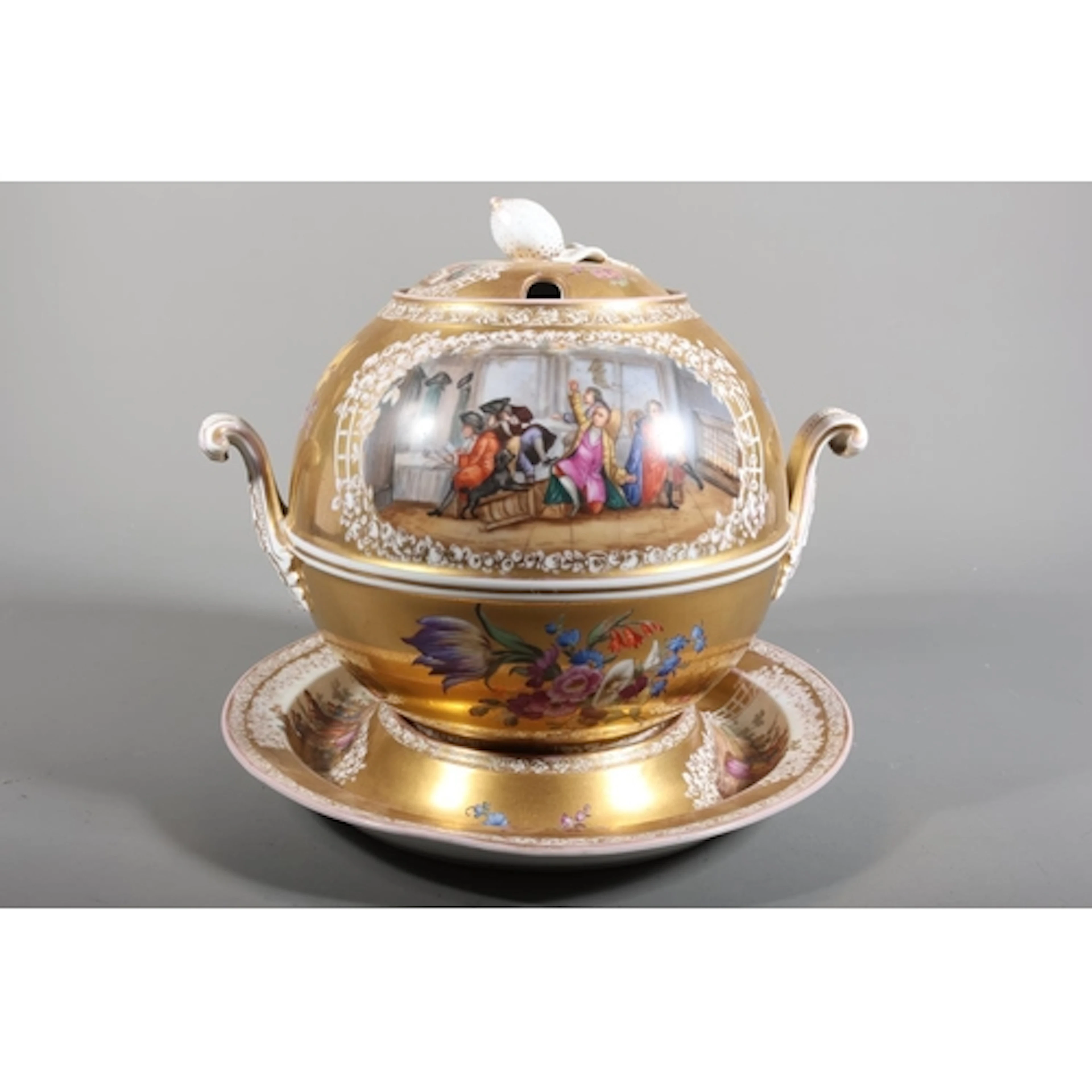Meissen and Dresden style porcelain soup tureen on stand, de...