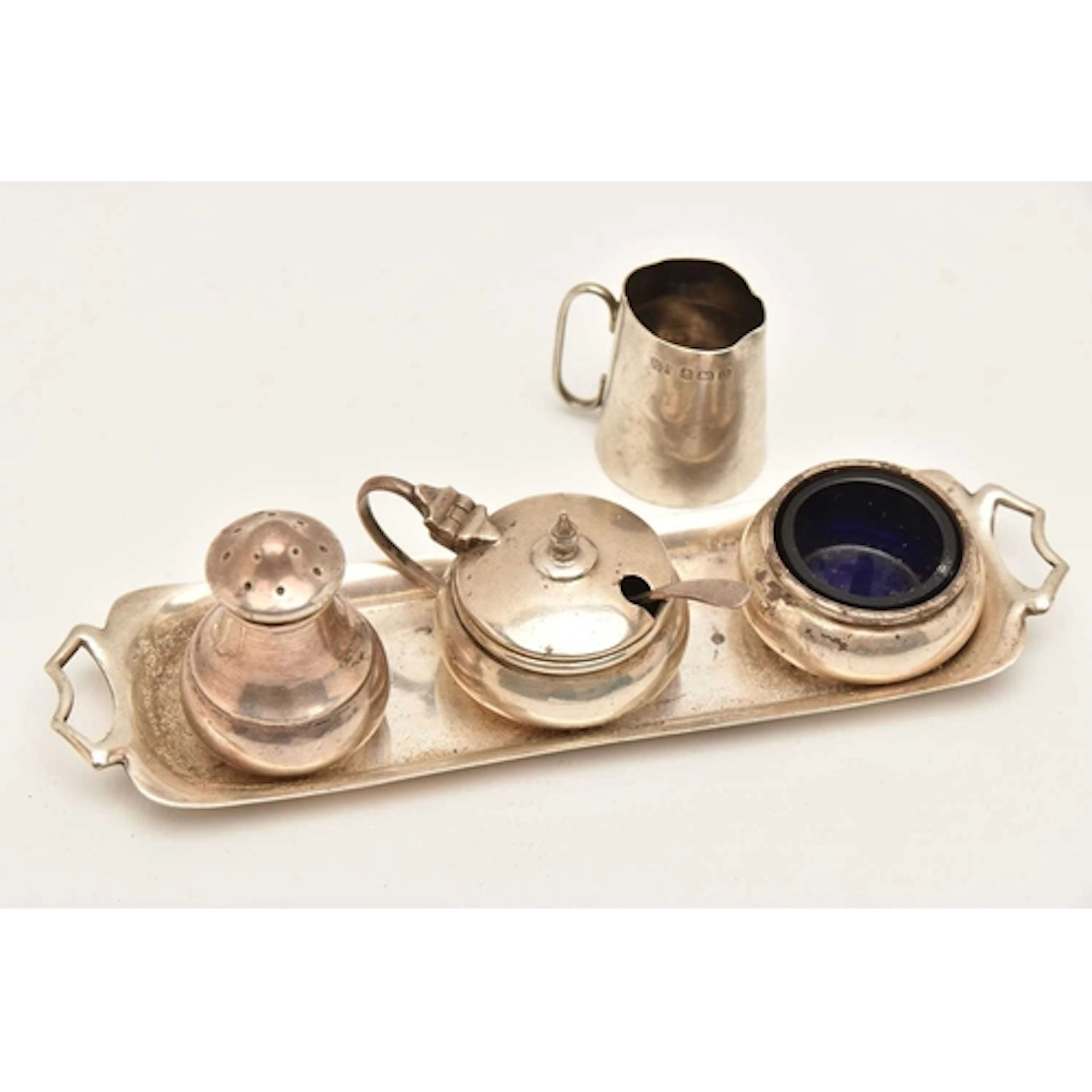 SILVER MINIATURES, to include a twin handle tray, a mustard,...