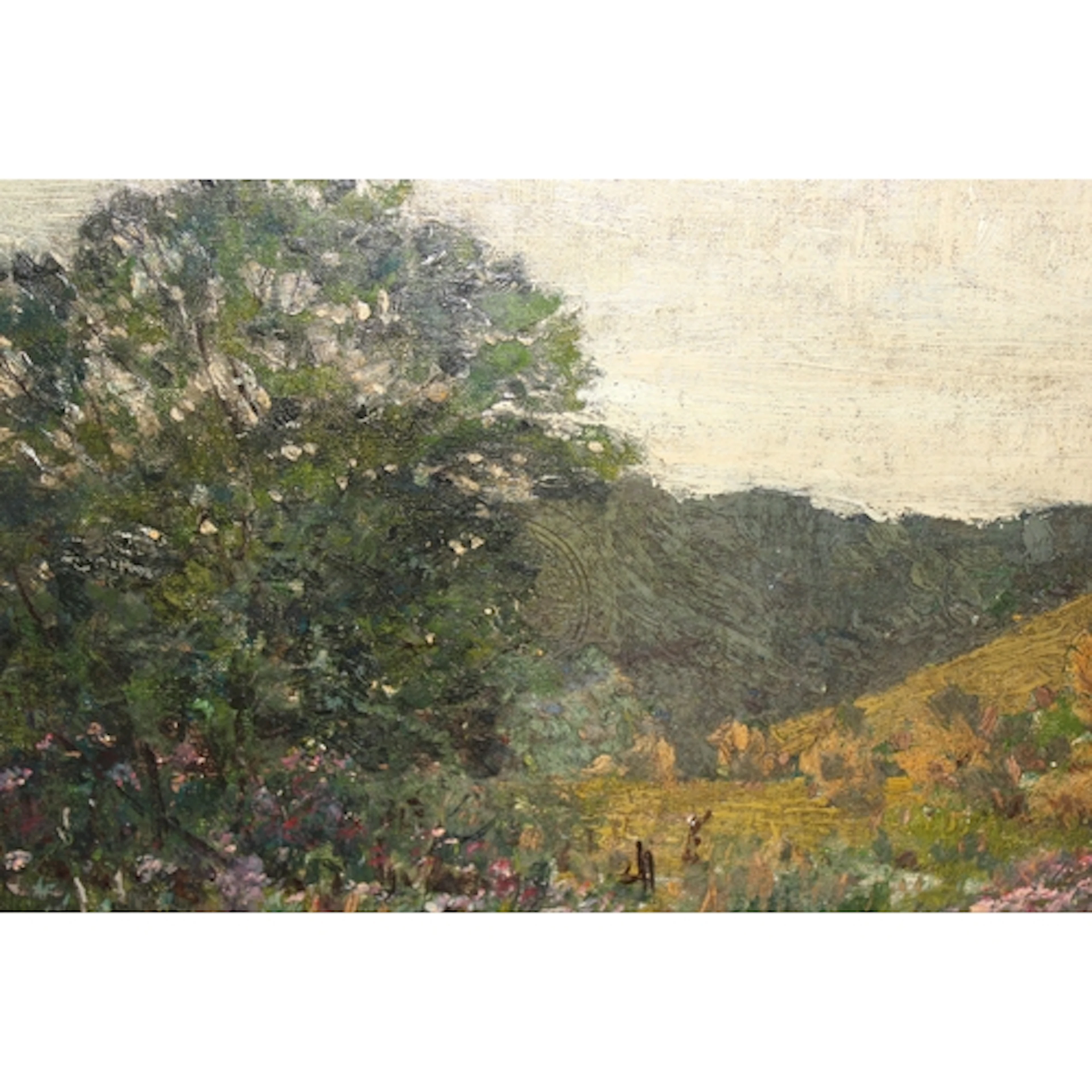 Barbizon School oil on canvas board, trees by a valley with ...