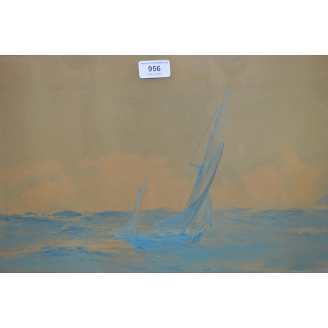 20th Century blue monochrome watercolour, seascape with yach...