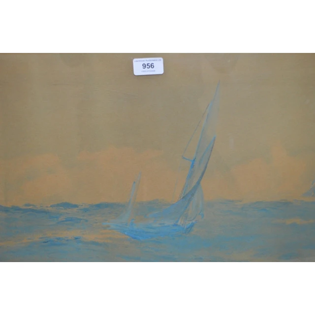 20th Century blue monochrome watercolour, seascape with yach...